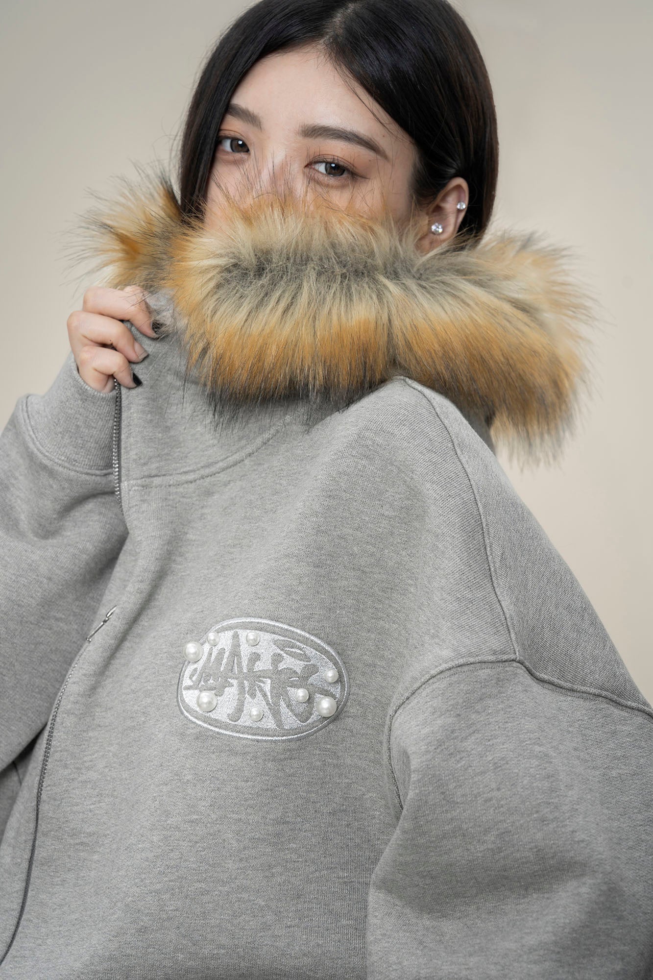 MAKEMORE Faux Fur Trim Pearl Patch Hooded Jacket