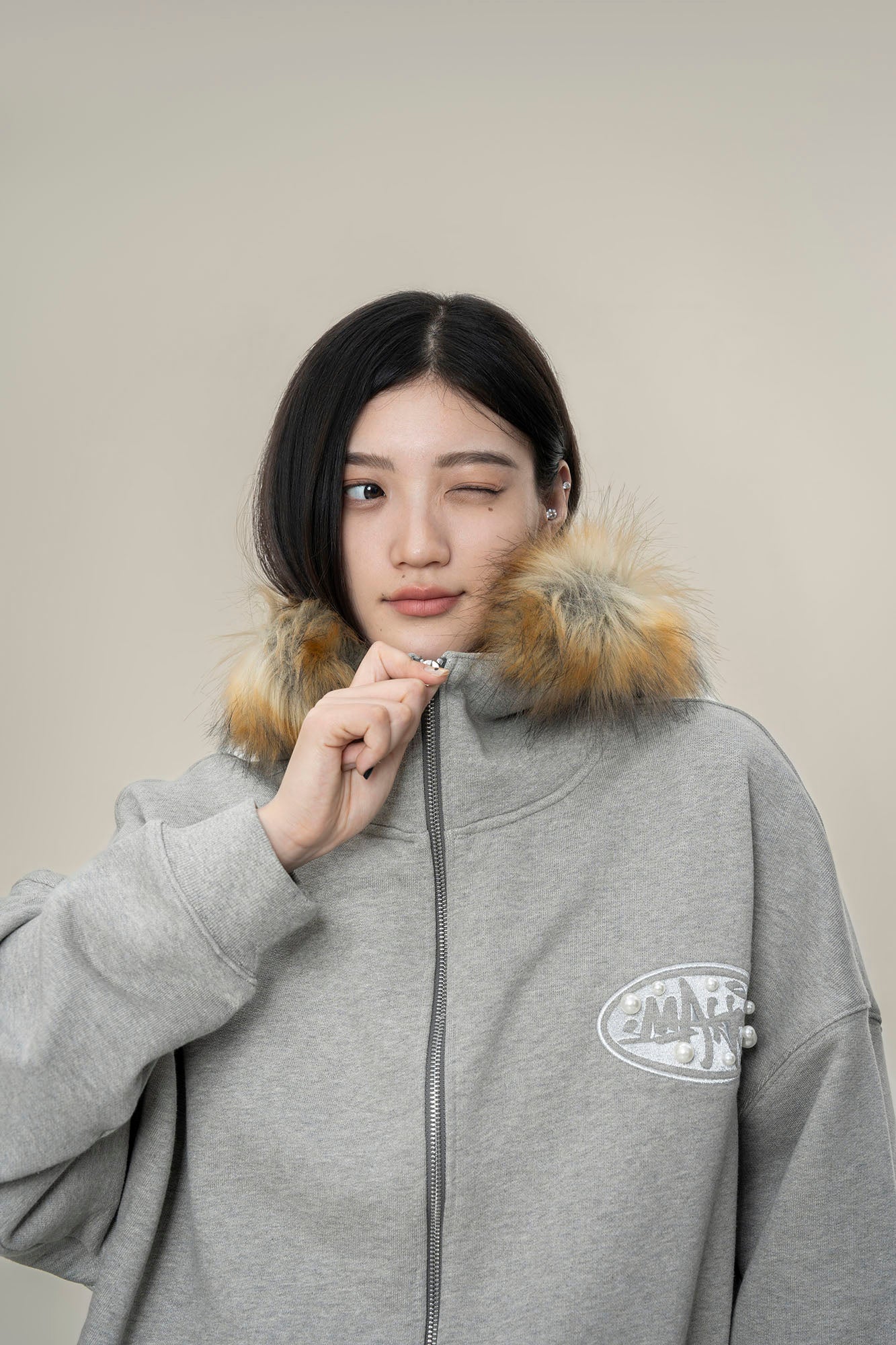 MAKEMORE Faux Fur Trim Pearl Patch Hooded Jacket