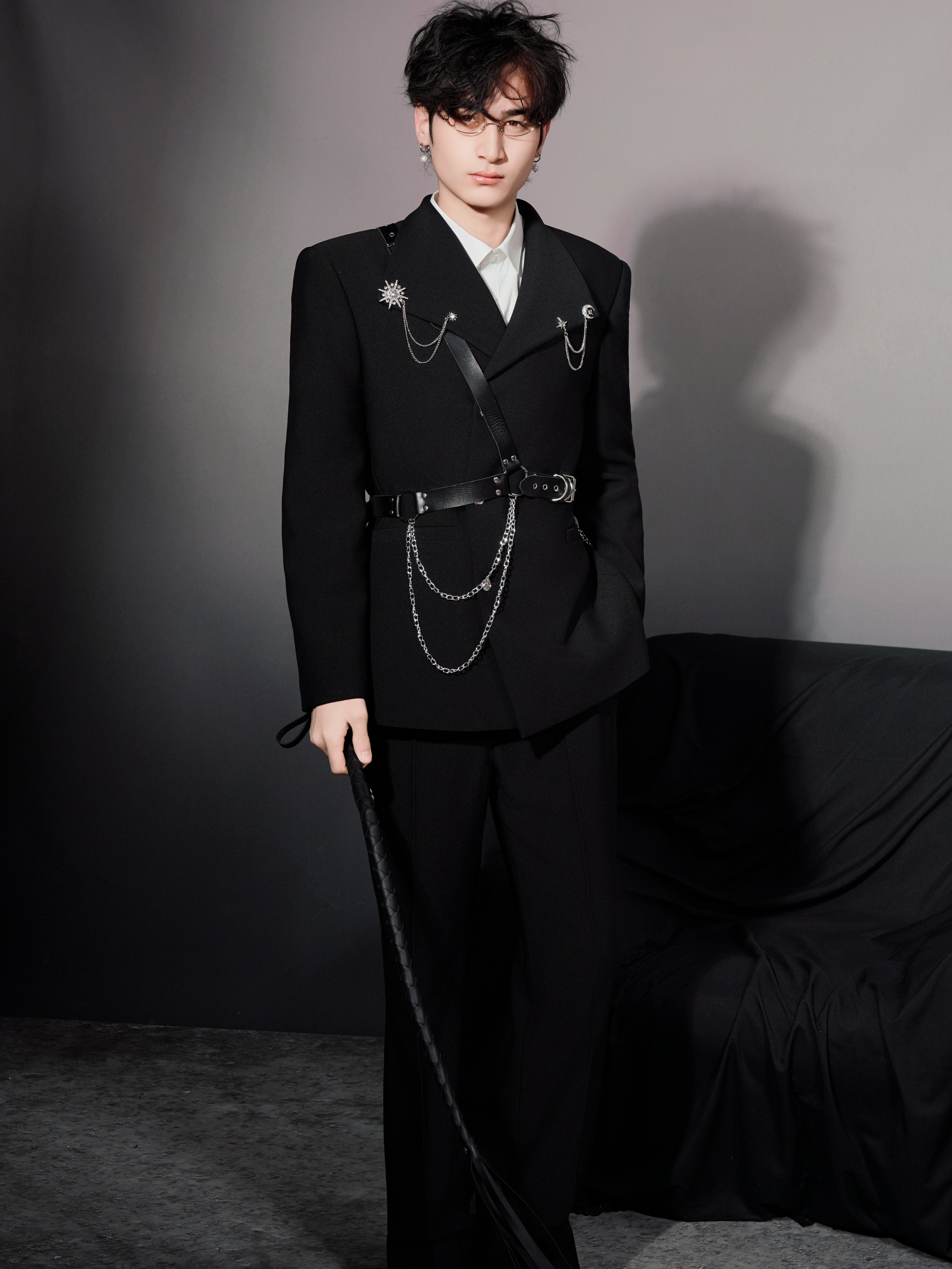 SHANG JIE Asymmetrical Harness Belt Chain-Drape Blazer, premium urban and streetwear designers apparel on PROJECTISR.com, SHANG JIE
