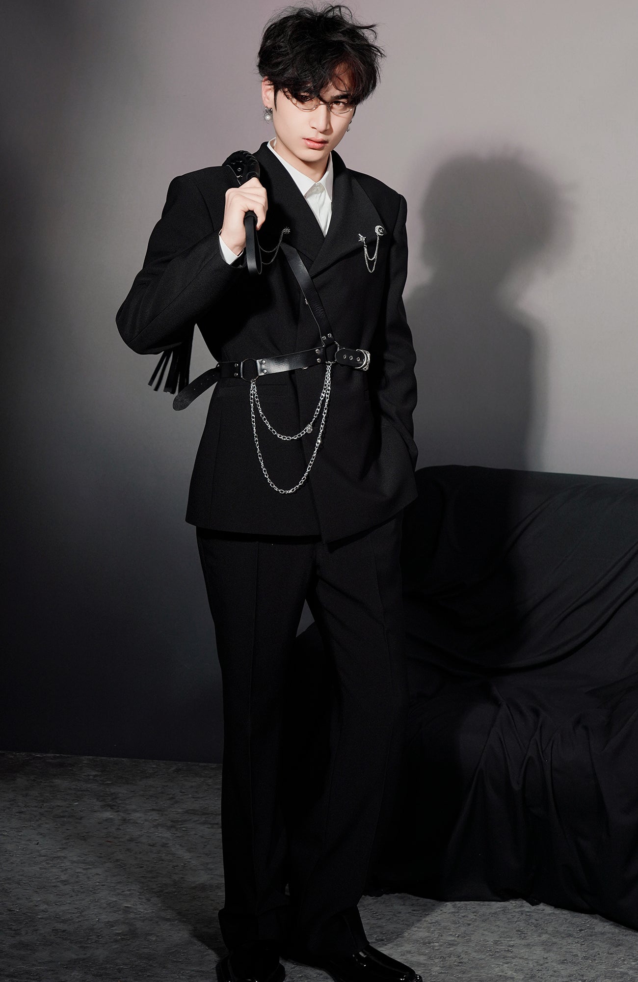 SHANG JIE Asymmetrical Harness Belt Chain-Drape Blazer, premium urban and streetwear designers apparel on PROJECTISR.com, SHANG JIE