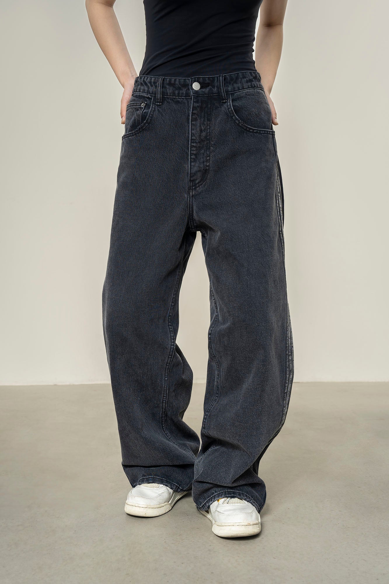 MAKEMORE Washed Side Striped Oversized Jeans(延后,暂无定价), premium urban and streetwear designers apparel on PROJECTISR.com, MAKEMORE