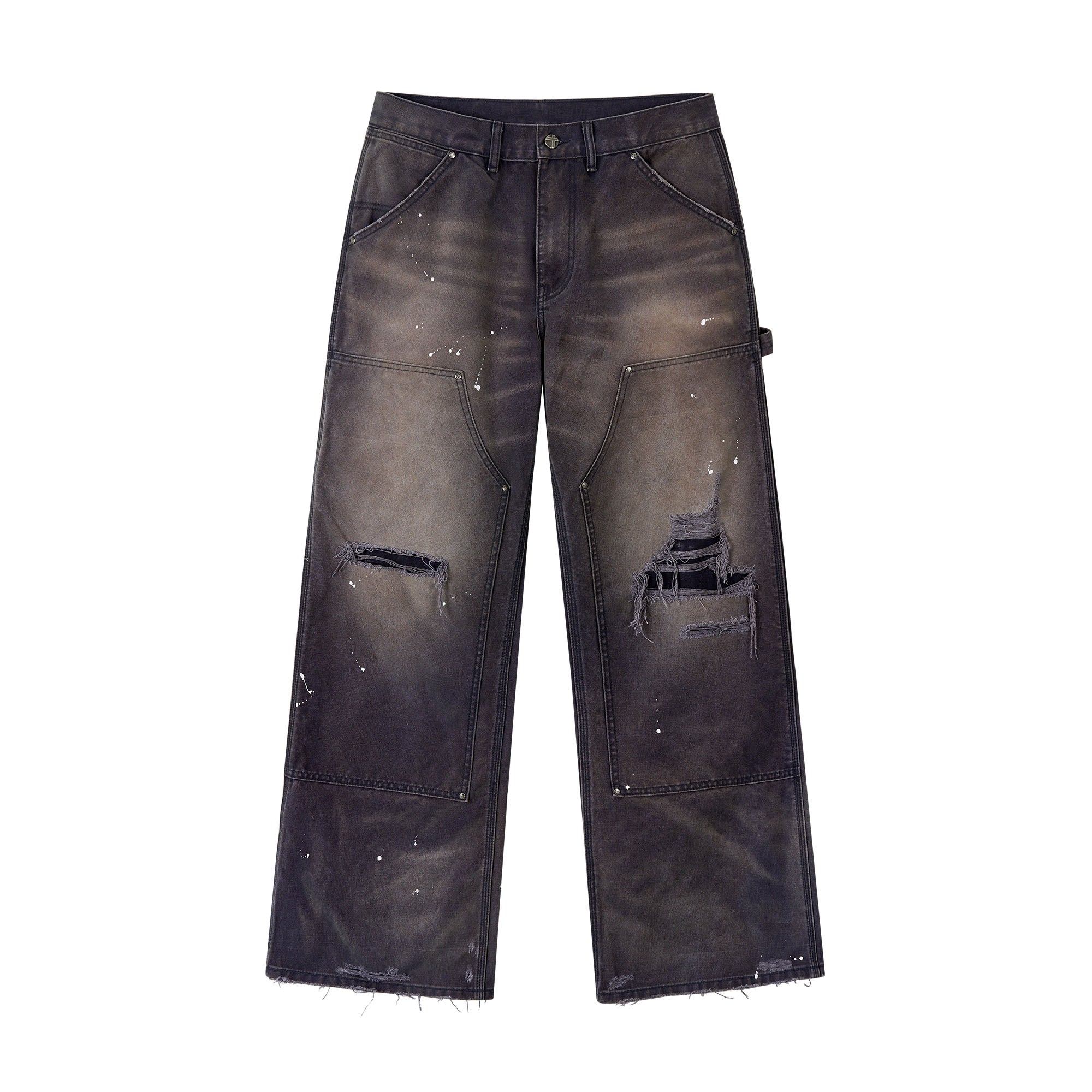 SAVAGEGROWTHWORLD Distressed Double-Knee Splatter Jeans, premium urban and streetwear designers apparel on PROJECTISR.com, SAVAGEGROWTHWORLD