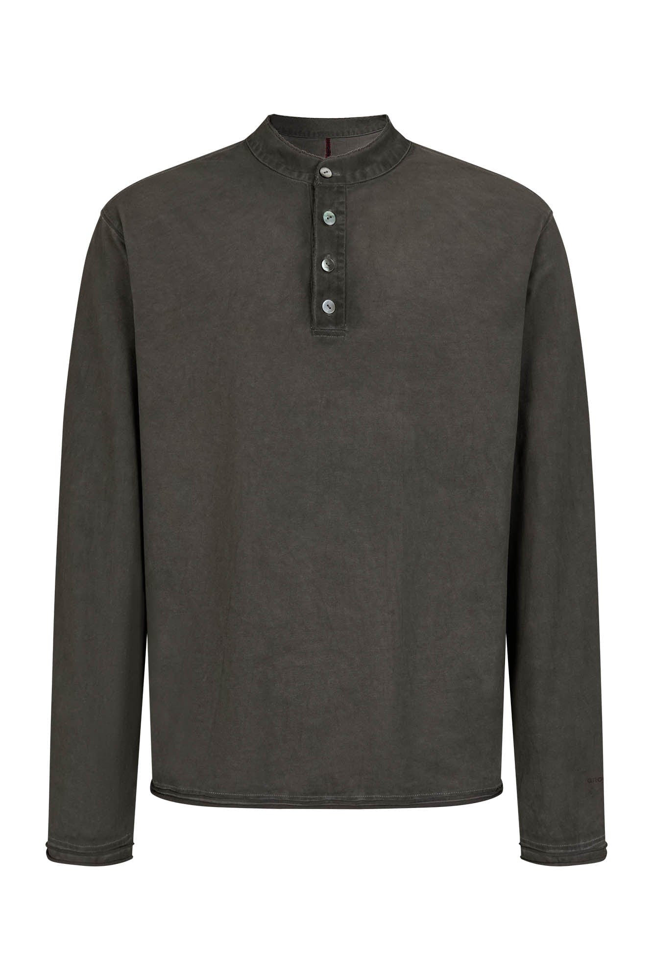 SAVAGEGROWTHWORLD Distressed Cross-Stitched Henley Shirt, premium urban and streetwear designers apparel on PROJECTISR.com, SAVAGEGROWTHWORLD