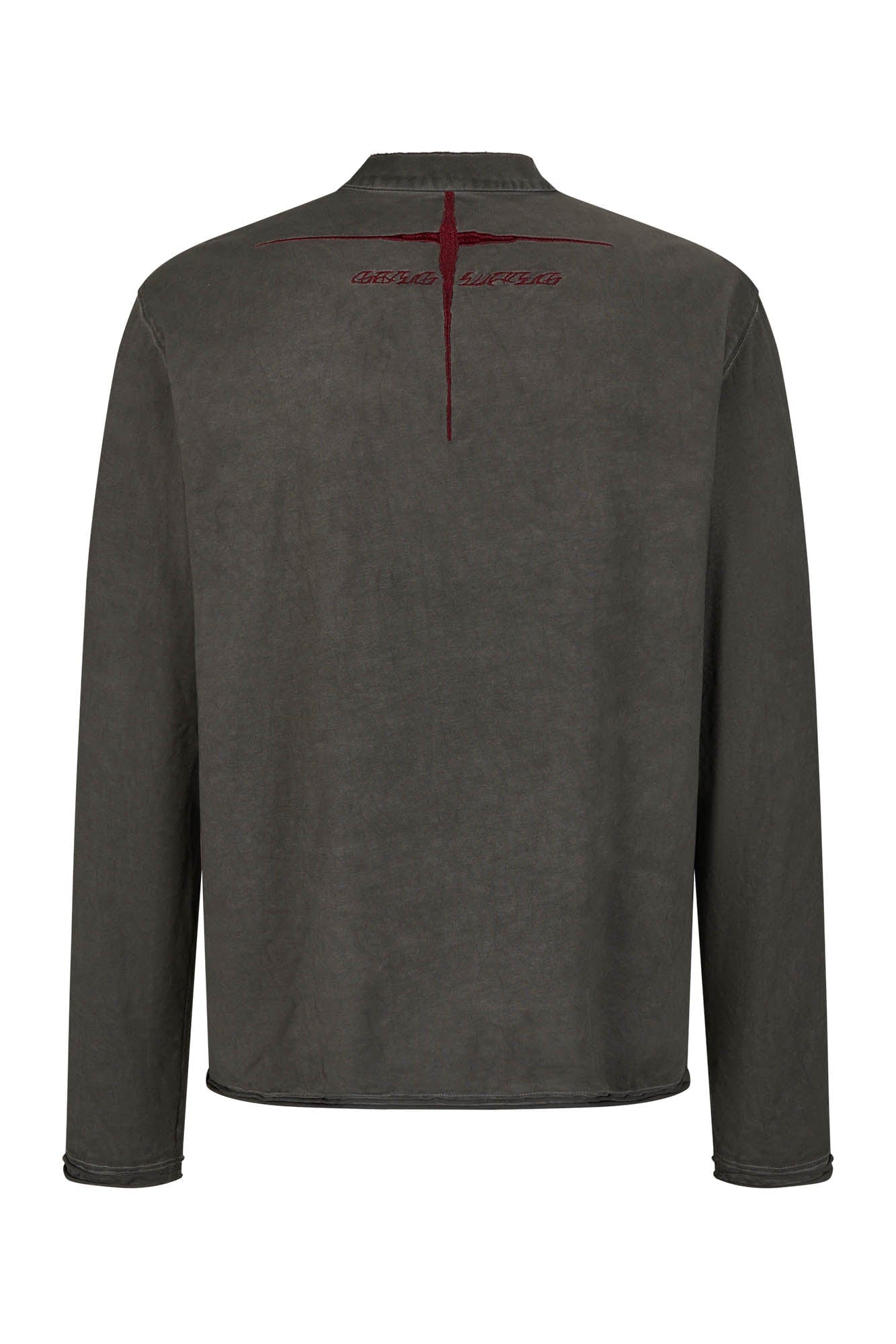 SAVAGEGROWTHWORLD Distressed Cross-Stitched Henley Shirt, premium urban and streetwear designers apparel on PROJECTISR.com, SAVAGEGROWTHWORLD
