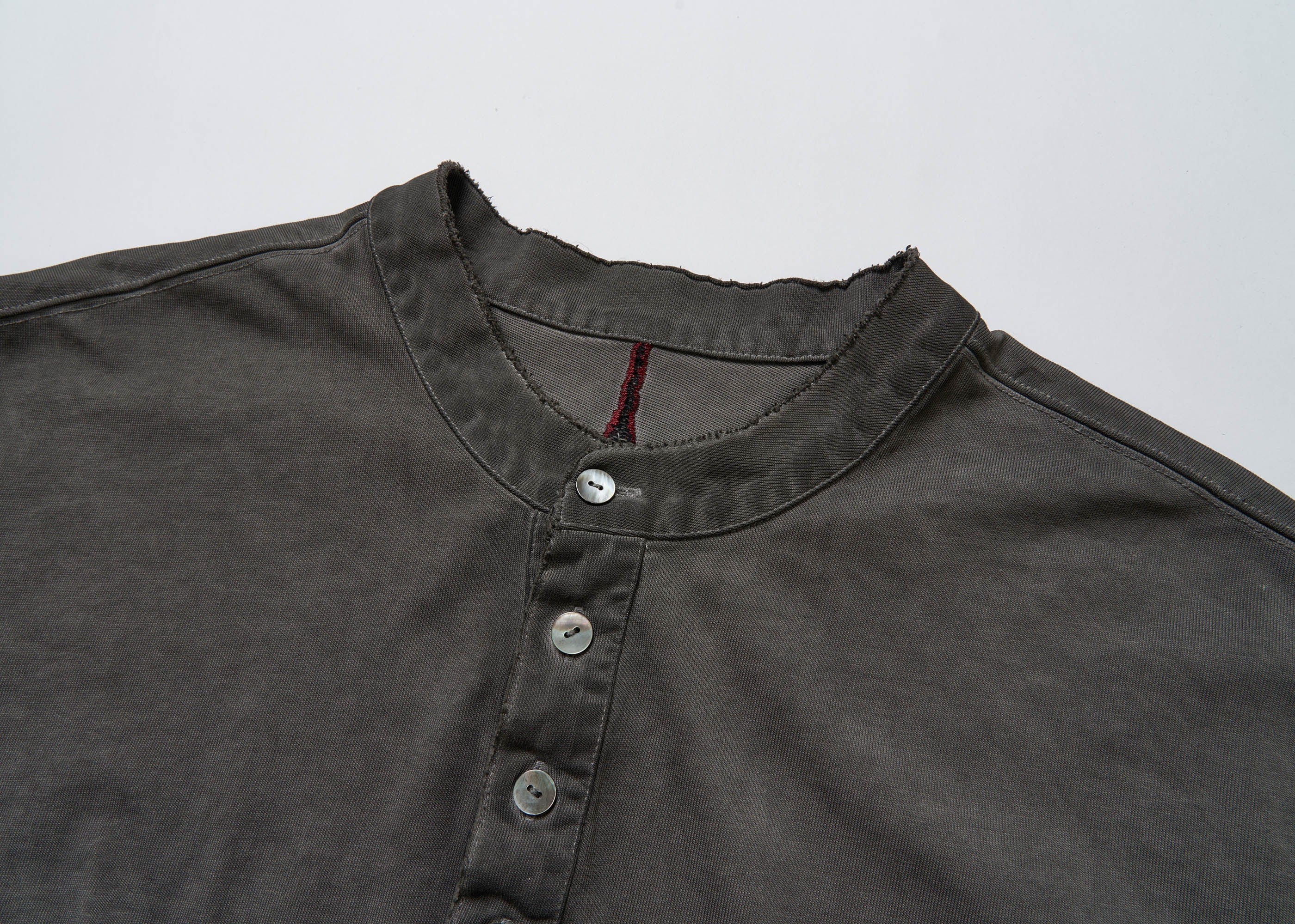 SAVAGEGROWTHWORLD Distressed Cross-Stitched Henley Shirt, premium urban and streetwear designers apparel on PROJECTISR.com, SAVAGEGROWTHWORLD