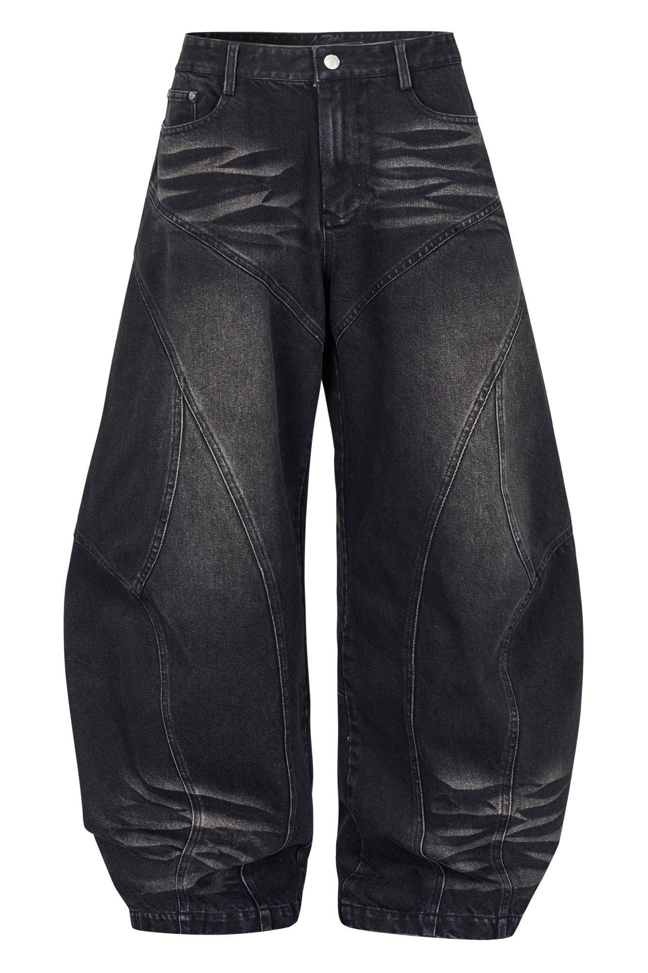 SAVAGEGROWTHWORLD Arc-Paneled Washed Oversized Balloon Jeans, premium urban and streetwear designers apparel on PROJECTISR.com, SAVAGEGROWTHWORLD