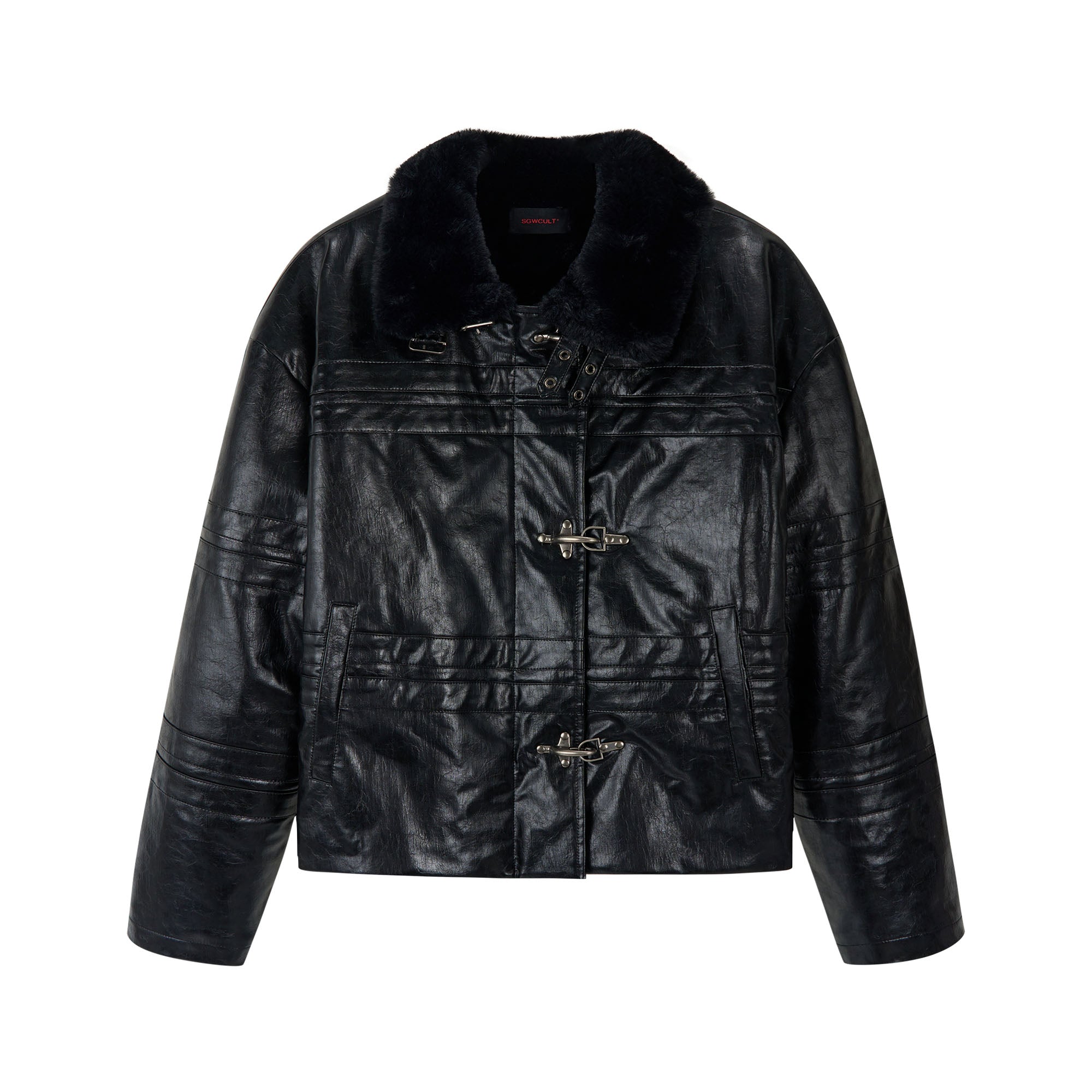 SAVAGEGROWTHWORLD Hook Buckle Faux Leather Puffer Jacket