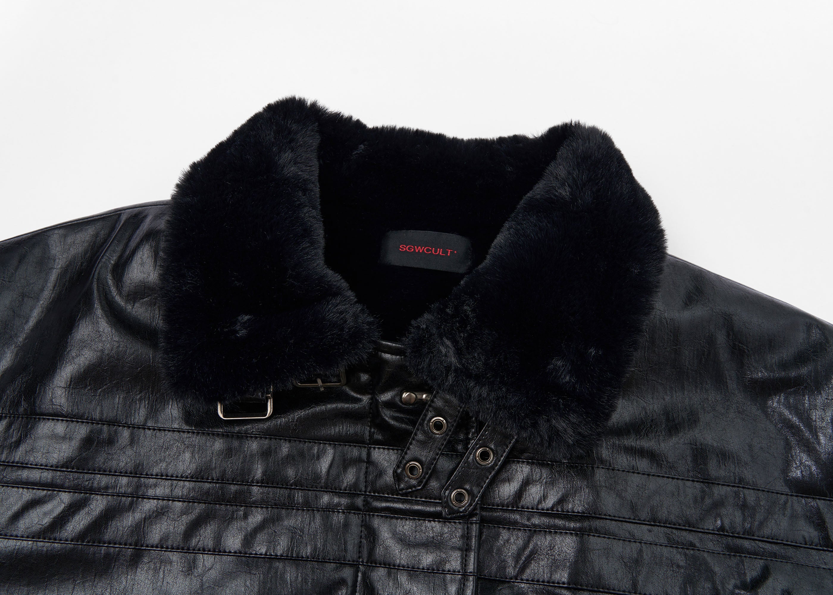 SAVAGEGROWTHWORLD Hook Buckle Faux Leather Puffer Jacket