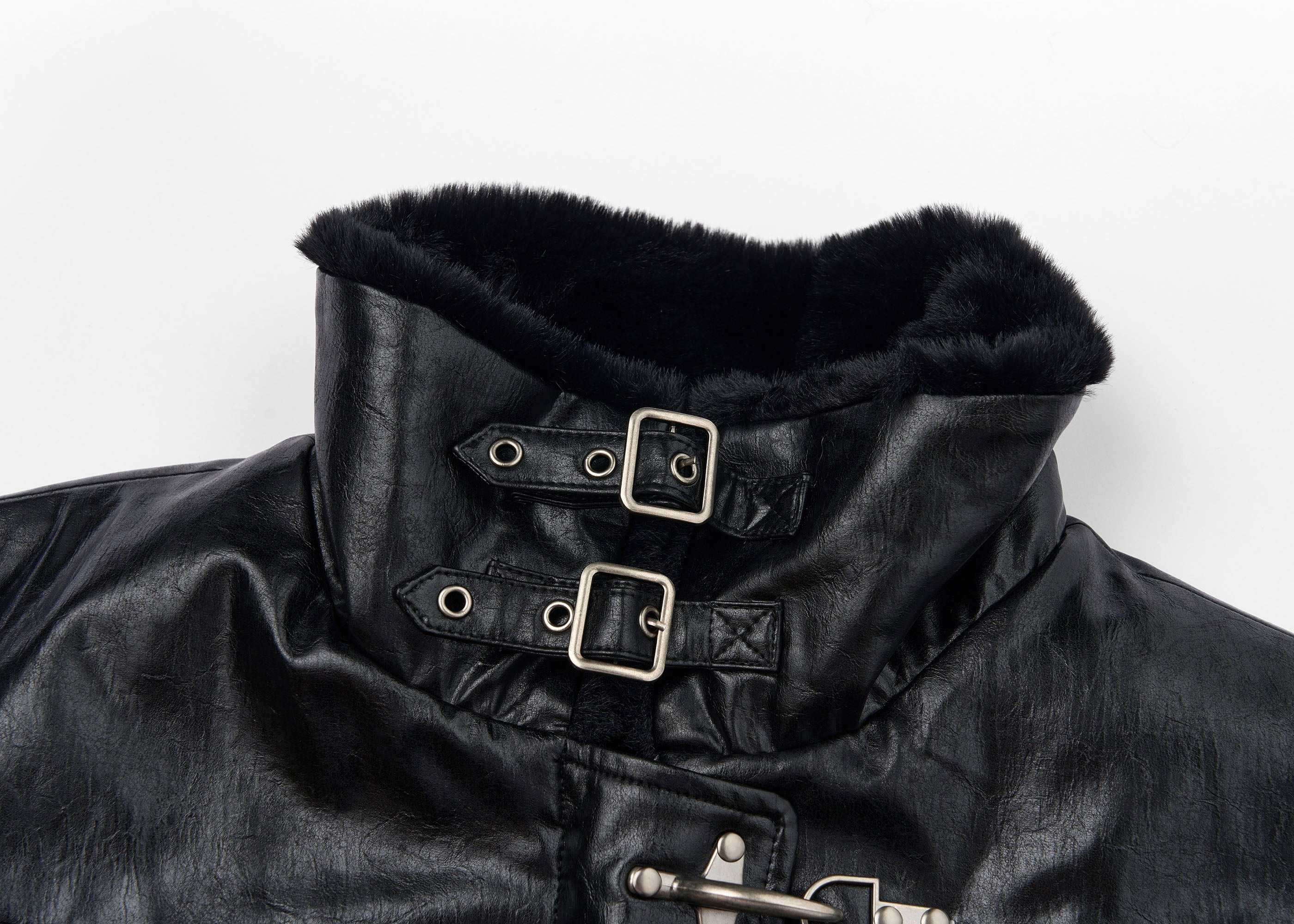 SAVAGEGROWTHWORLD Hook Buckle Faux Leather Puffer Jacket