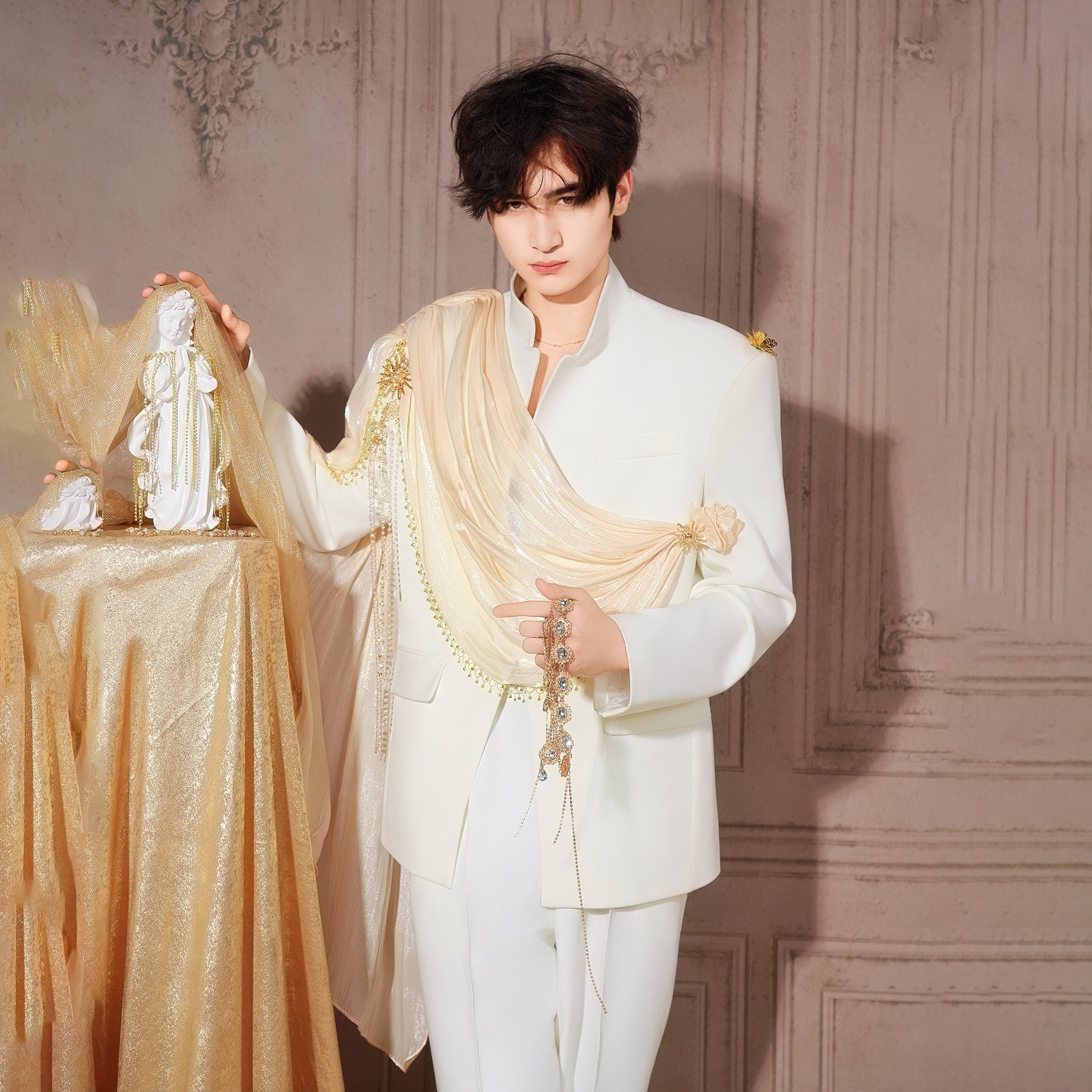 SHANG JIE Chain-Draped Sheer Overlay Blazer, premium urban and streetwear designers apparel on PROJECTISR.com, SHANG JIE