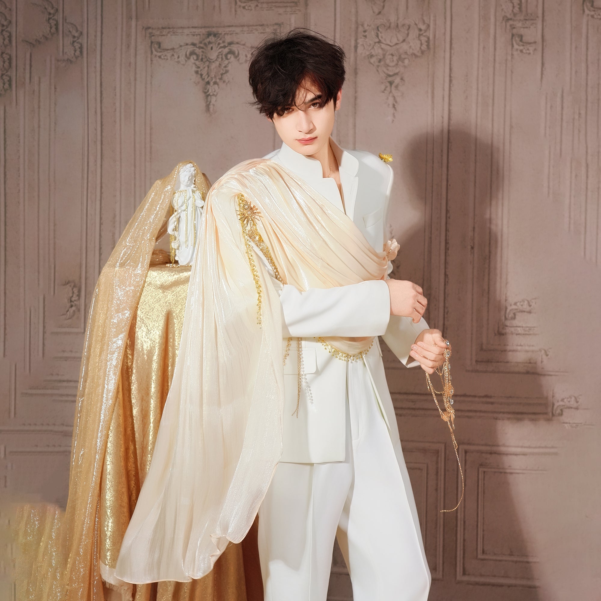 SHANG JIE Chain-Draped Sheer Overlay Blazer, premium urban and streetwear designers apparel on PROJECTISR.com, SHANG JIE
