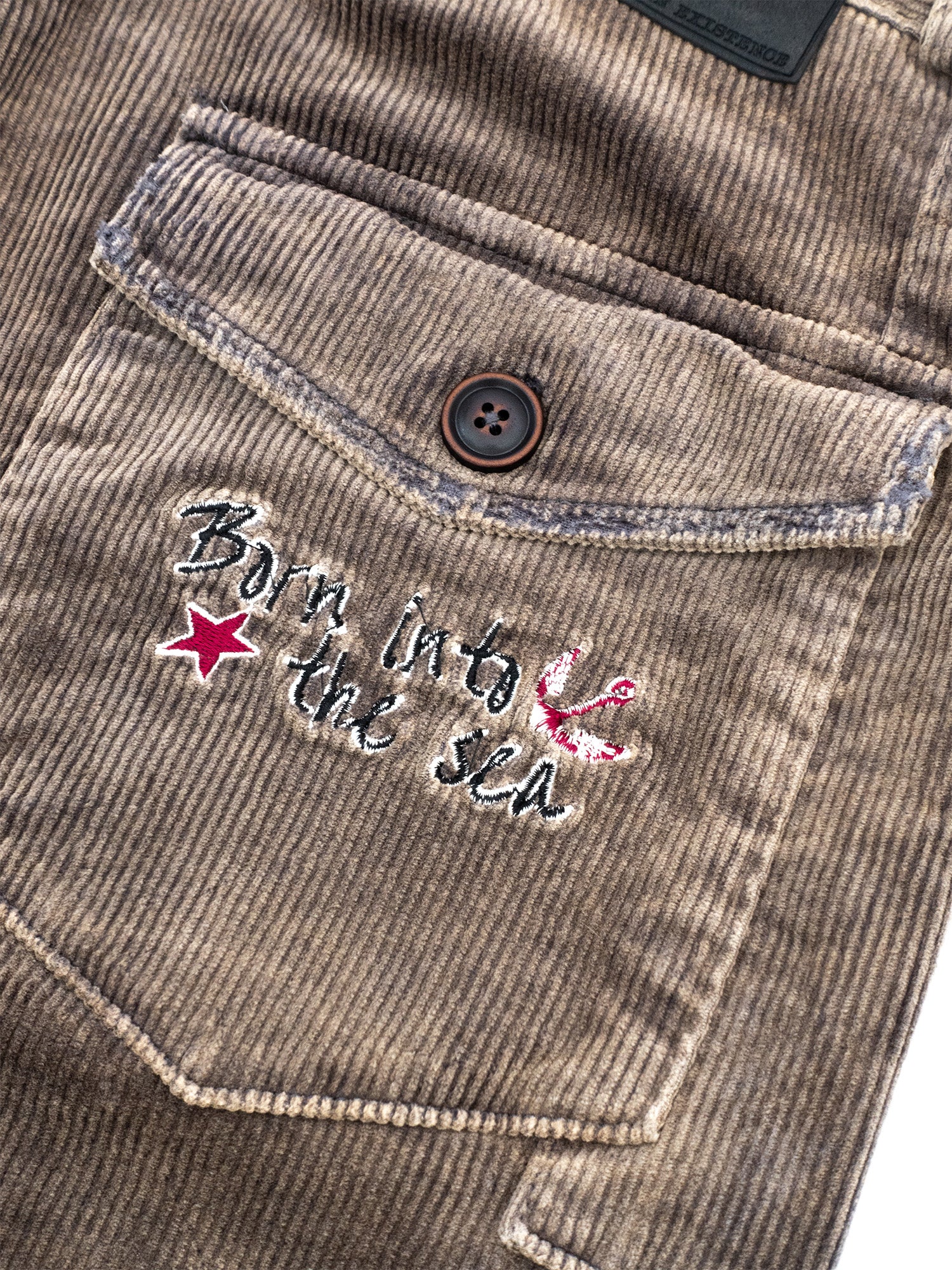 IN EXISTENCE Distressed Corduroy Patched Embroidered Pants