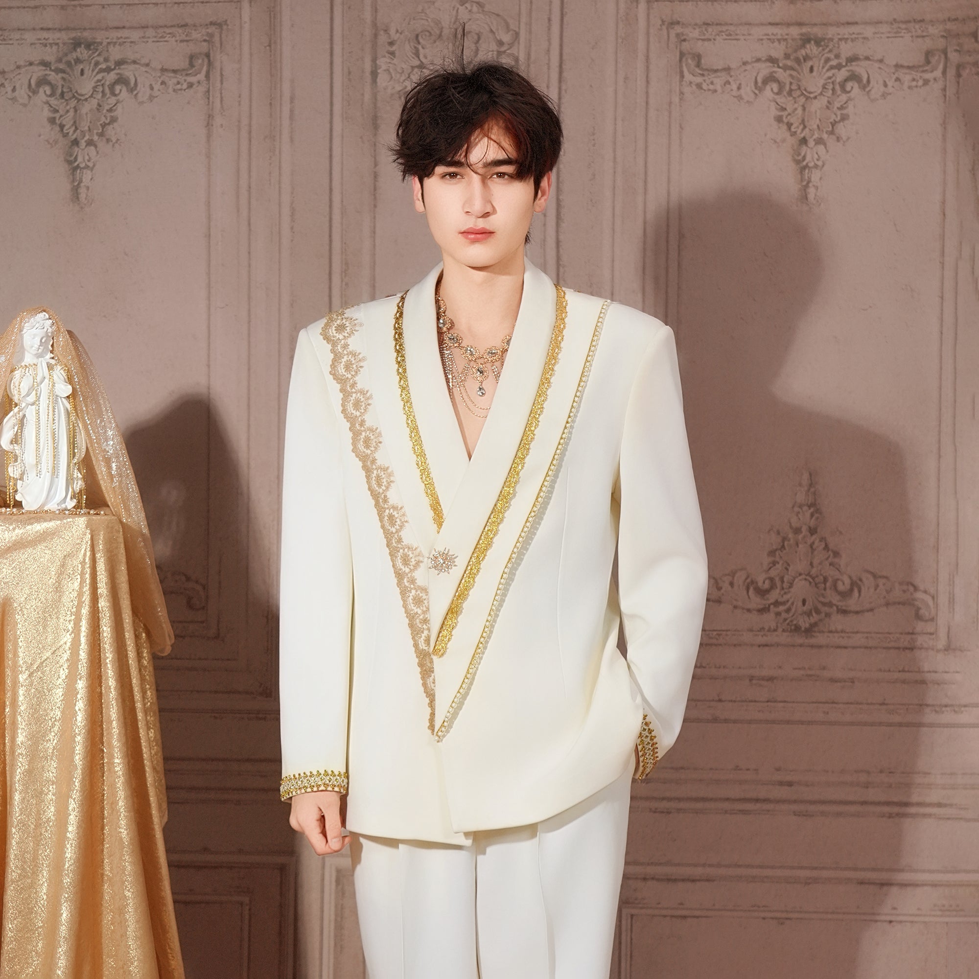 SHANG JIE Gold Trim Tuxedo Blazer