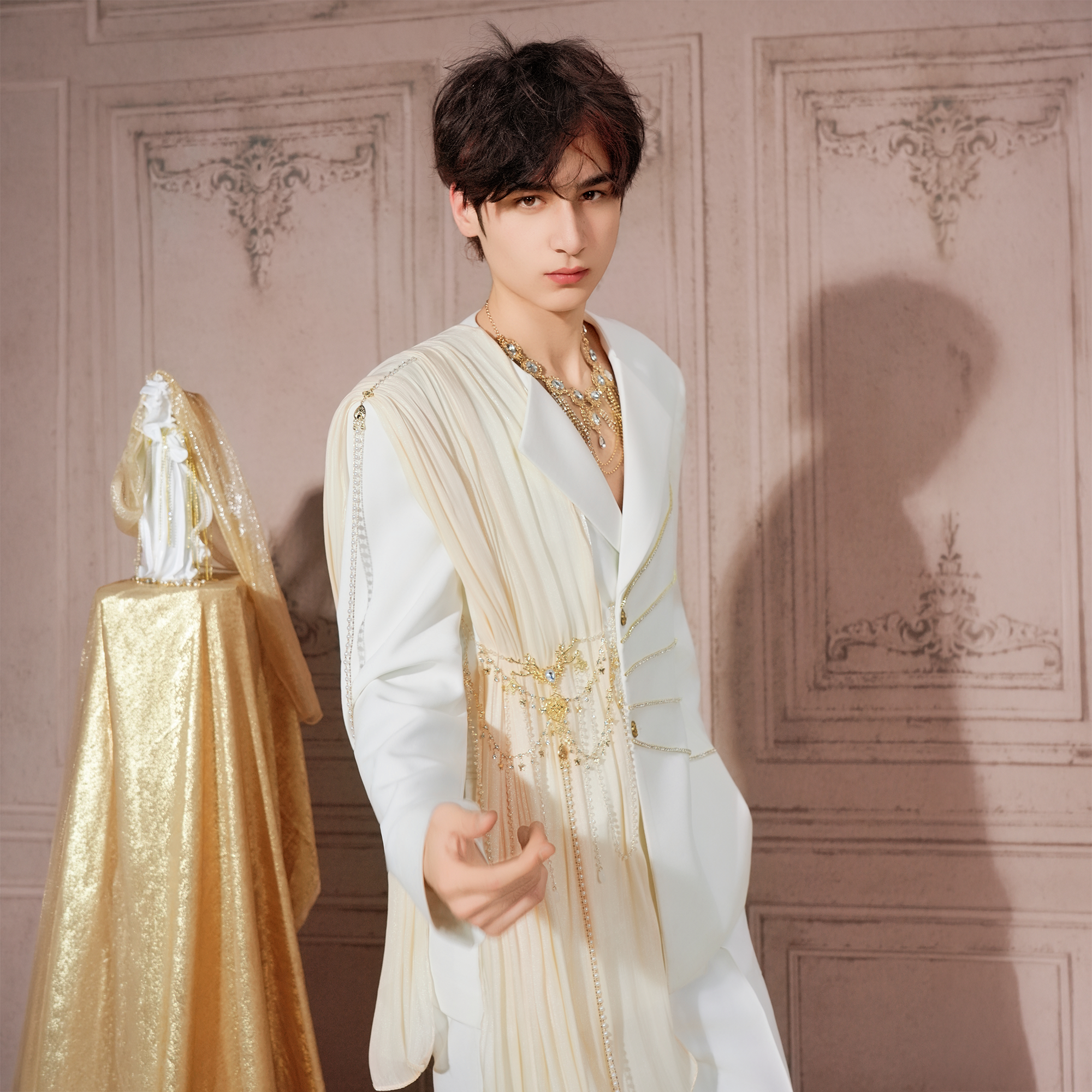 SHANG JIE Chain-Draped Sheer Panel Blazer, premium urban and streetwear designers apparel on PROJECTISR.com, SHANG JIE