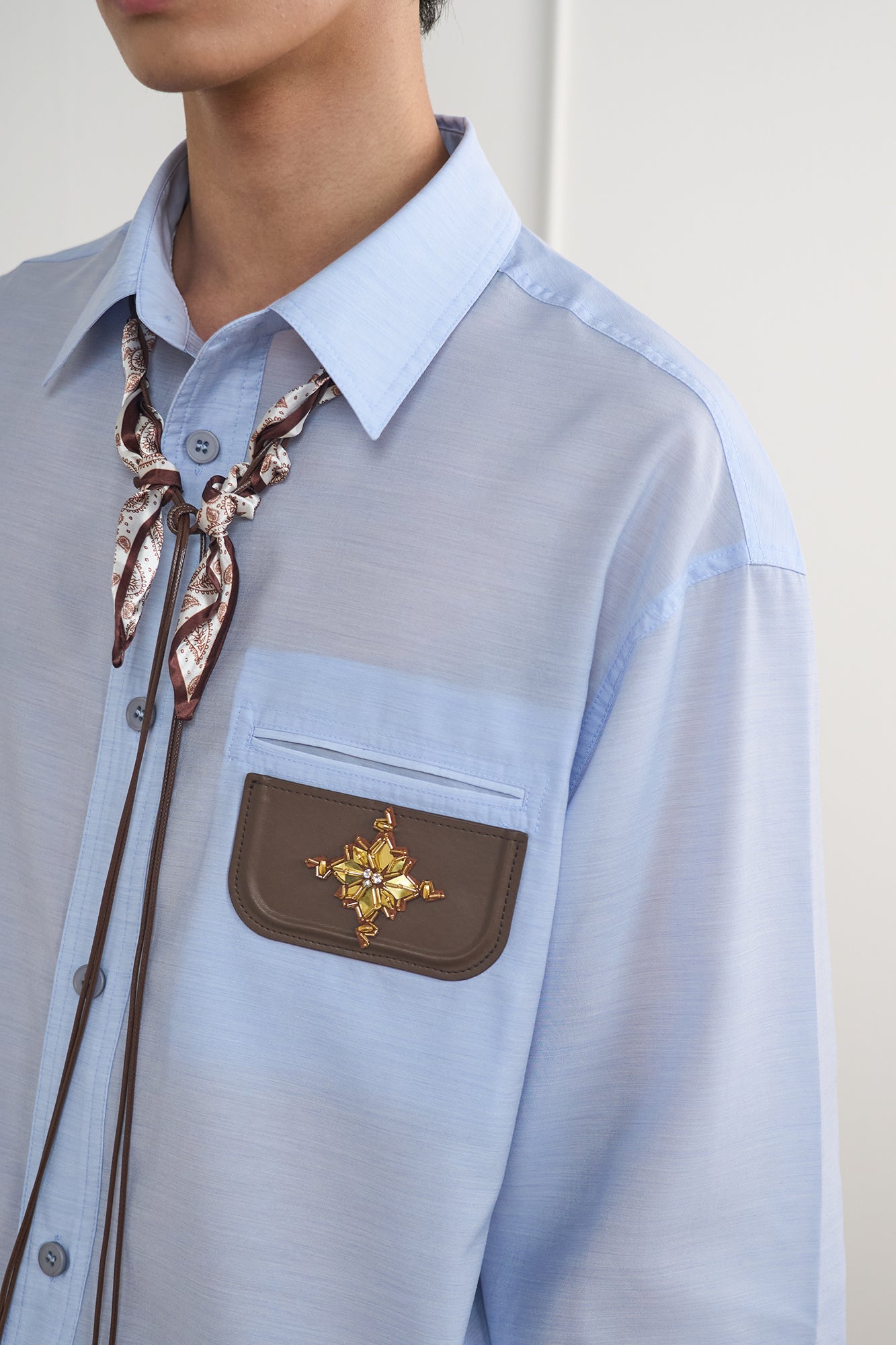 ORAL UTOPIA Embellished Patch Faux-Leather Pocket Shirt, premium urban and streetwear designers apparel on PROJECTISR.com, ORAL UTOPIA