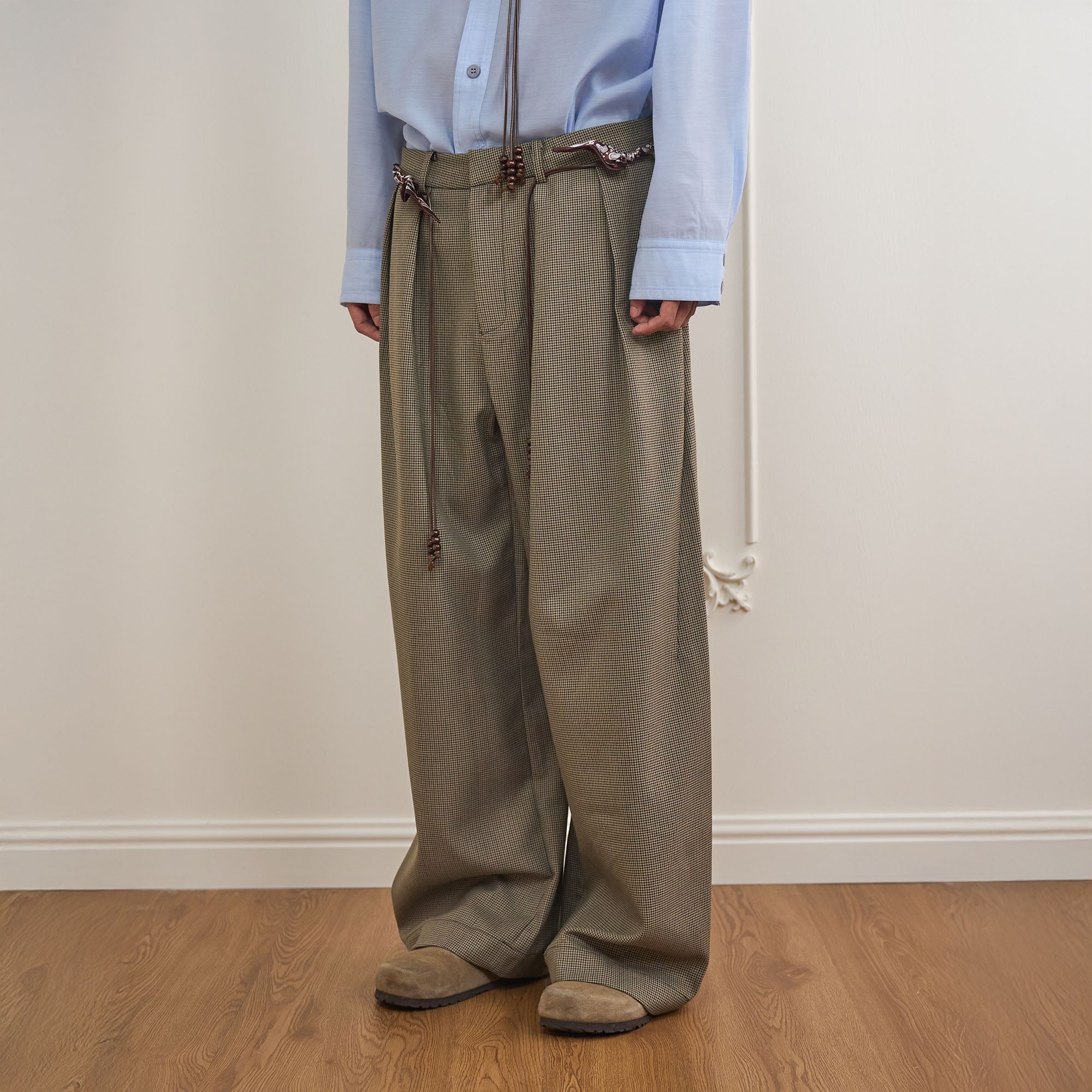 ORAL UTOPIA Houndstooth Pleated Wide-Leg Pants, premium urban and streetwear designers apparel on PROJECTISR.com, ORAL UTOPIA
