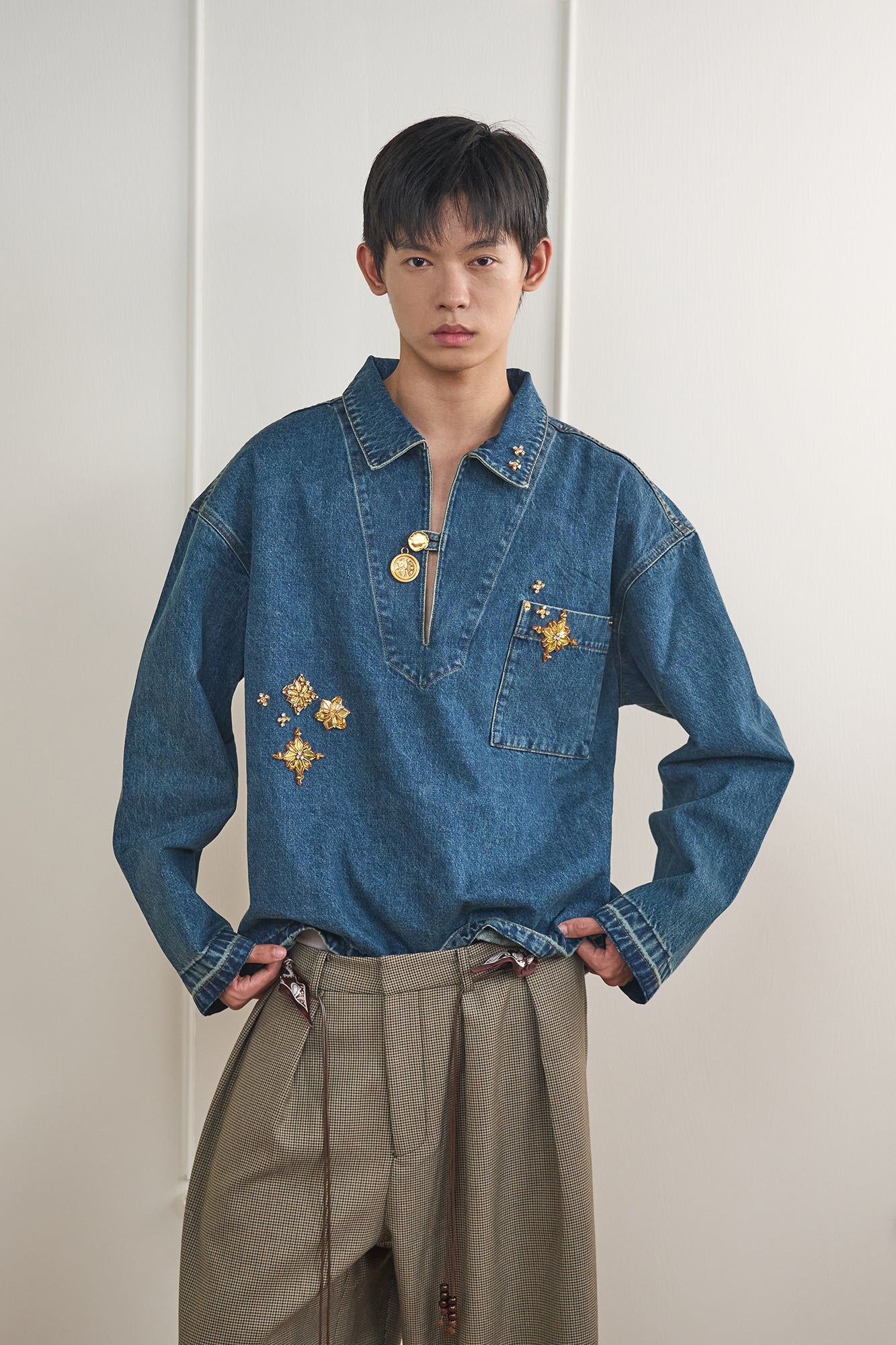 ORAL UTOPIA Golden Embellished V-Neck Denim Shirt, premium urban and streetwear designers apparel on PROJECTISR.com, ORAL UTOPIA