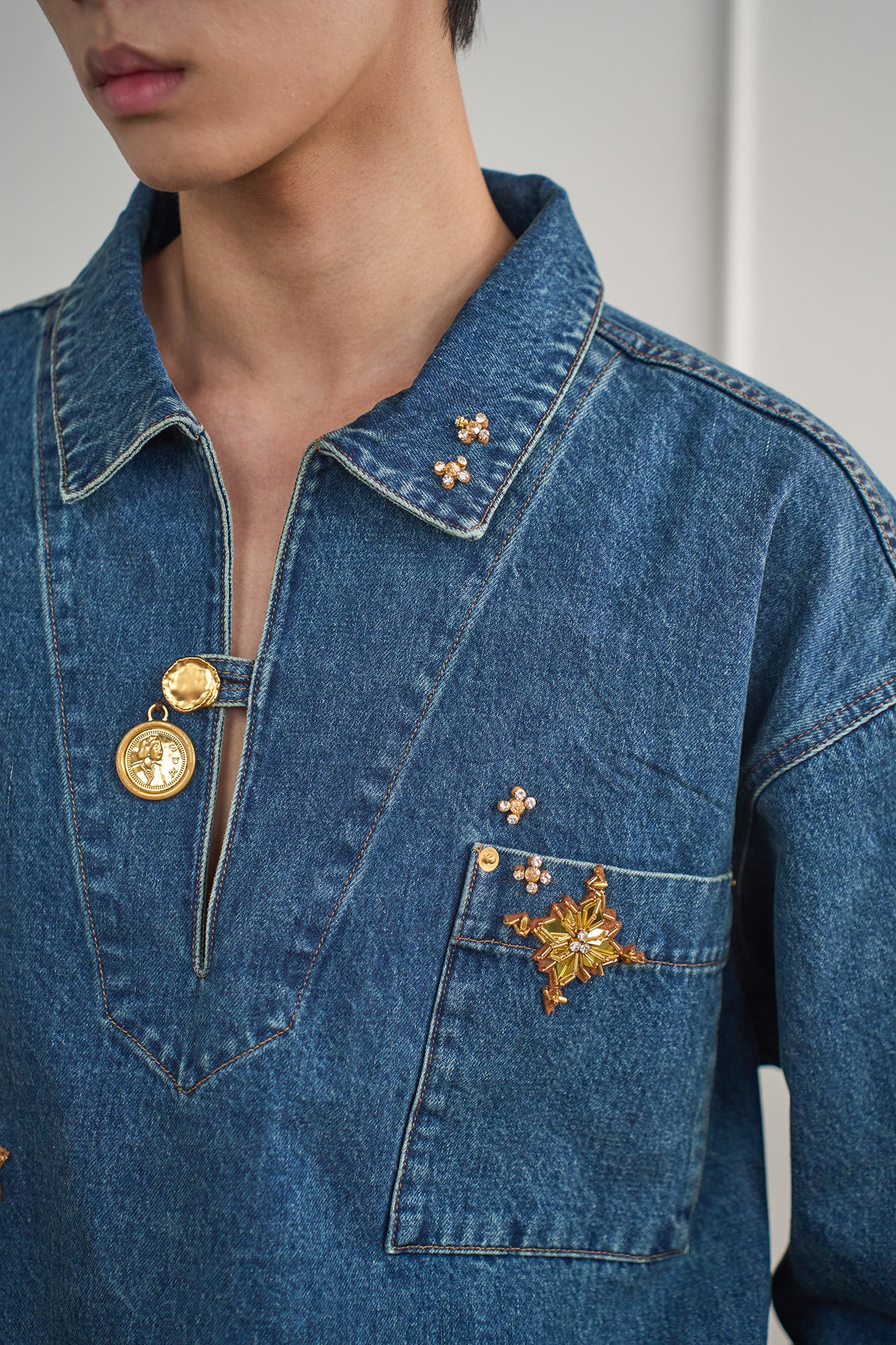 ORAL UTOPIA Golden Embellished V-Neck Denim Shirt, premium urban and streetwear designers apparel on PROJECTISR.com, ORAL UTOPIA