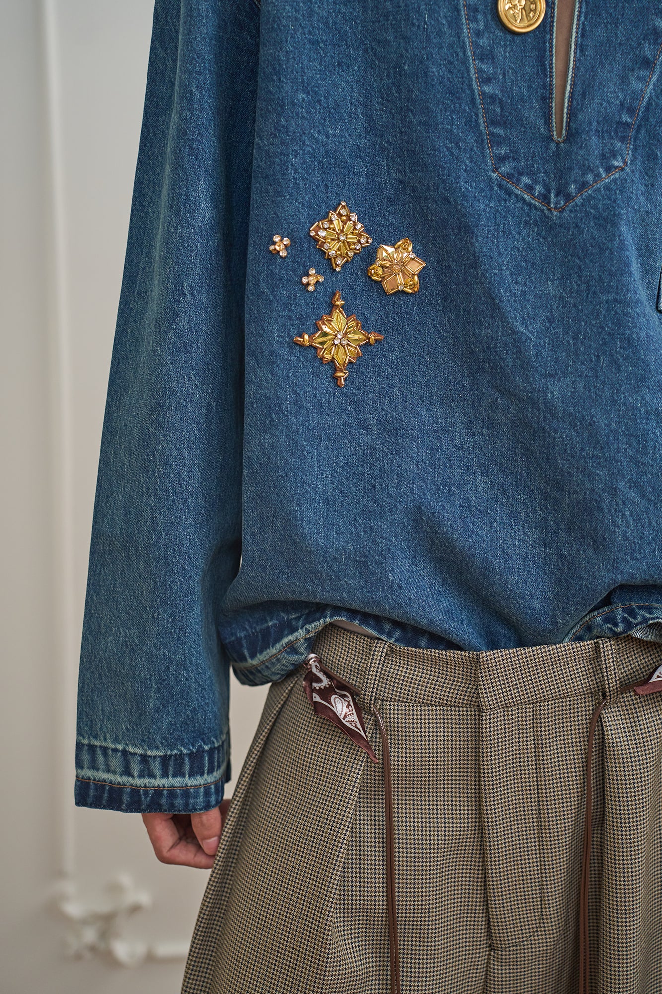 ORAL UTOPIA Golden Embellished V-Neck Denim Shirt, premium urban and streetwear designers apparel on PROJECTISR.com, ORAL UTOPIA