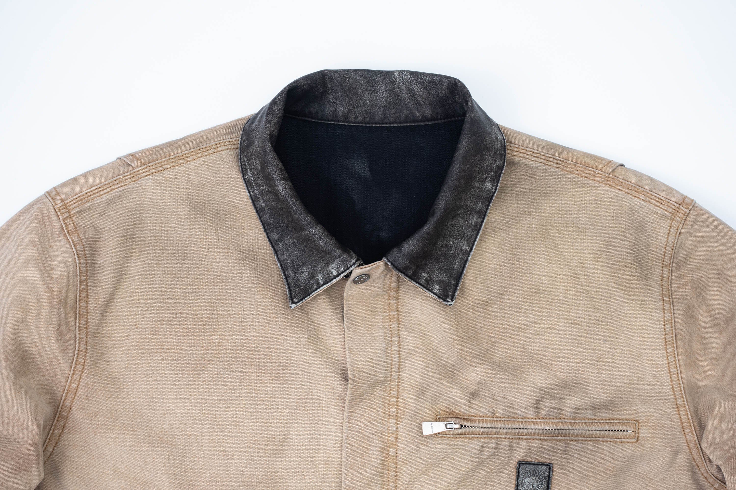 IN EXISTENCE Dirty-Washed Contrast Collar Detroit Jacket, premium urban and streetwear designers apparel on PROJECTISR.com, IN EXISTENCE