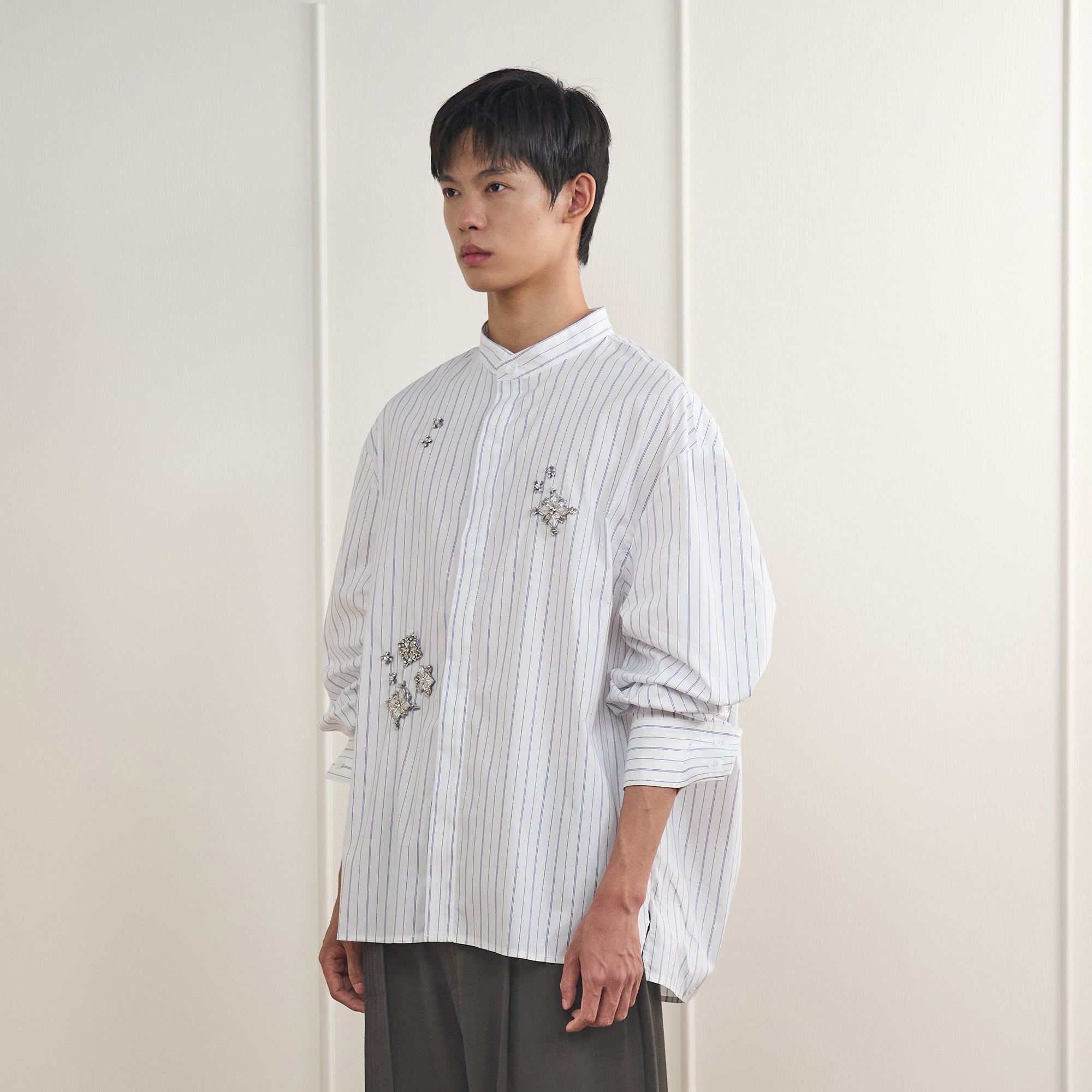 ORAL UTOPIA Silver Embellished Striped Mandarin Collar Shirt, premium urban and streetwear designers apparel on PROJECTISR.com, ORAL UTOPIA