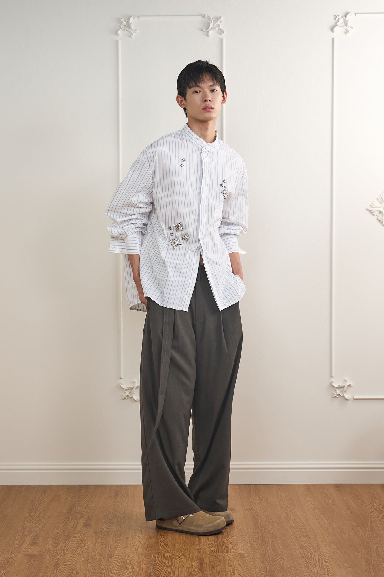ORAL UTOPIA Silver Embellished Striped Mandarin Collar Shirt, premium urban and streetwear designers apparel on PROJECTISR.com, ORAL UTOPIA