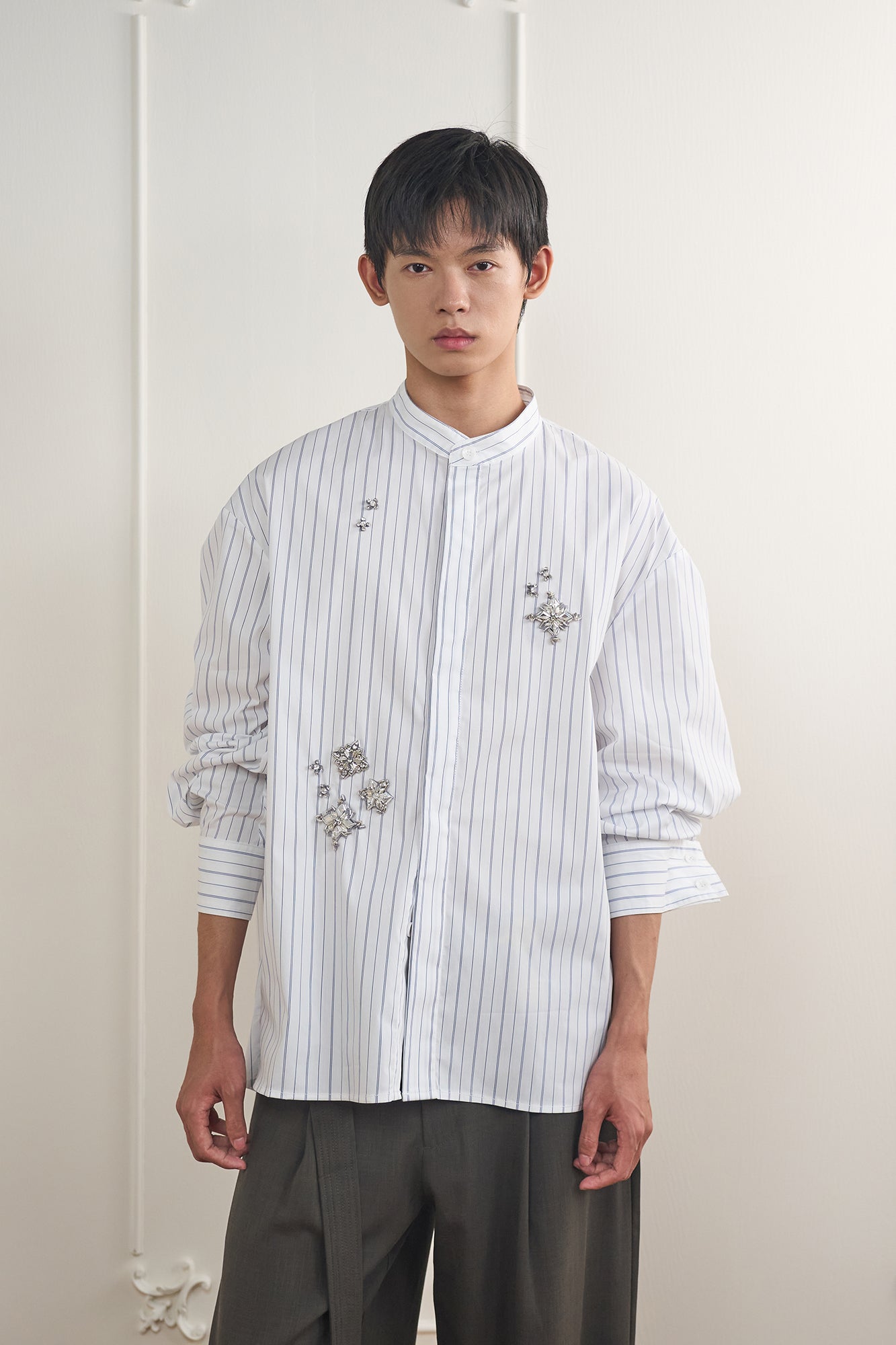 ORAL UTOPIA Silver Embellished Striped Mandarin Collar Shirt, premium urban and streetwear designers apparel on PROJECTISR.com, ORAL UTOPIA