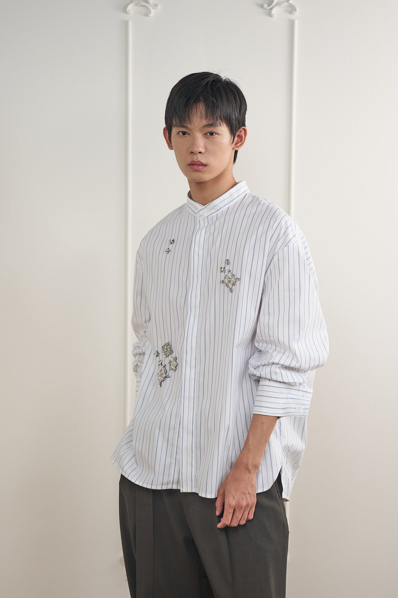 ORAL UTOPIA Silver Embellished Striped Mandarin Collar Shirt, premium urban and streetwear designers apparel on PROJECTISR.com, ORAL UTOPIA