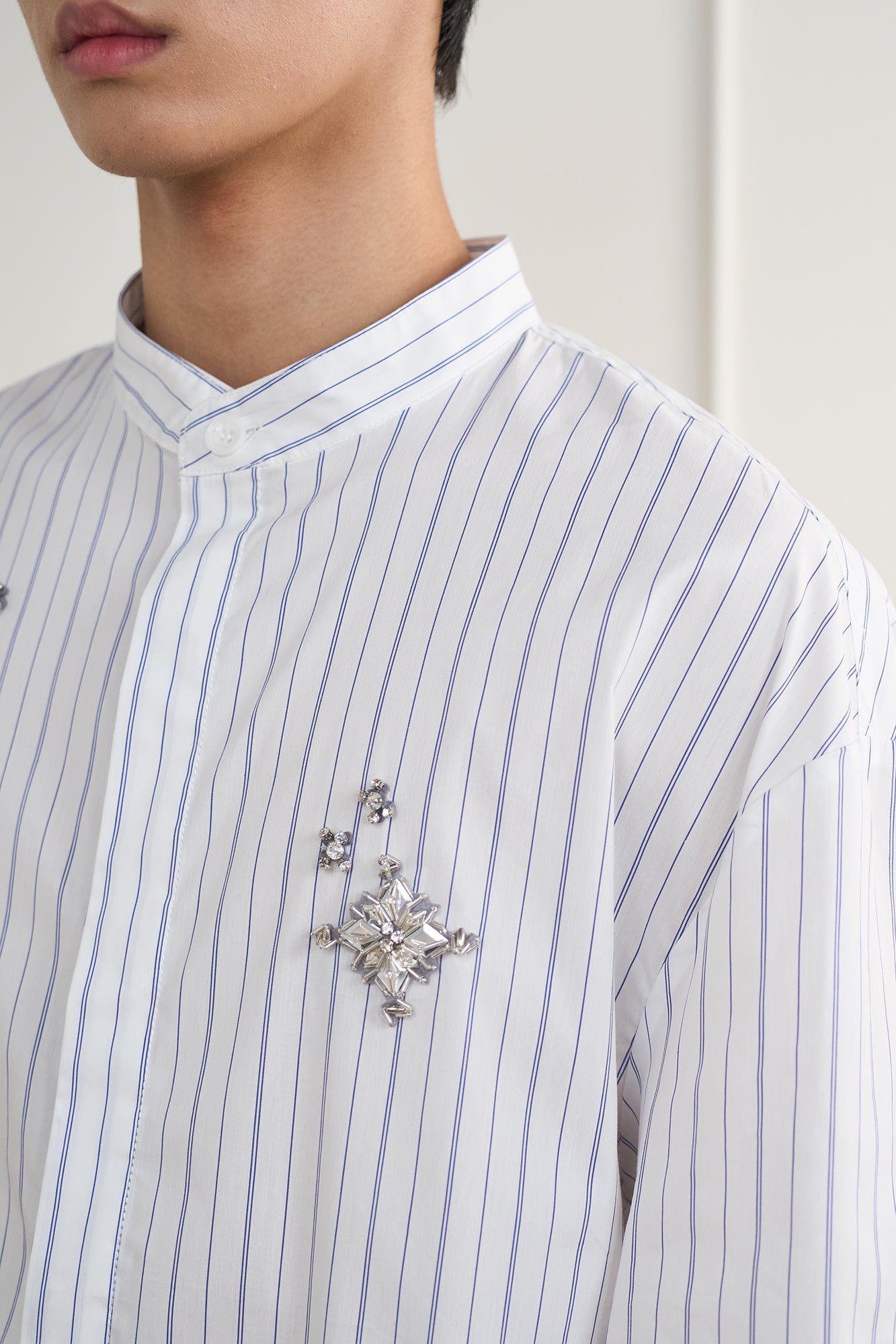 ORAL UTOPIA Silver Embellished Striped Mandarin Collar Shirt, premium urban and streetwear designers apparel on PROJECTISR.com, ORAL UTOPIA