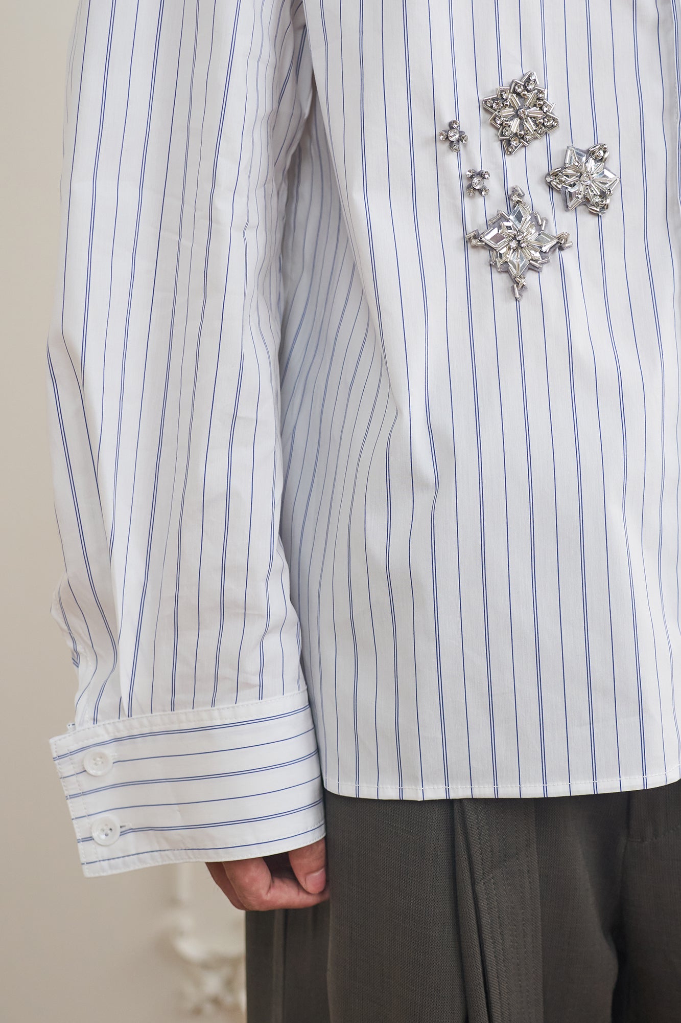 ORAL UTOPIA Silver Embellished Striped Mandarin Collar Shirt, premium urban and streetwear designers apparel on PROJECTISR.com, ORAL UTOPIA