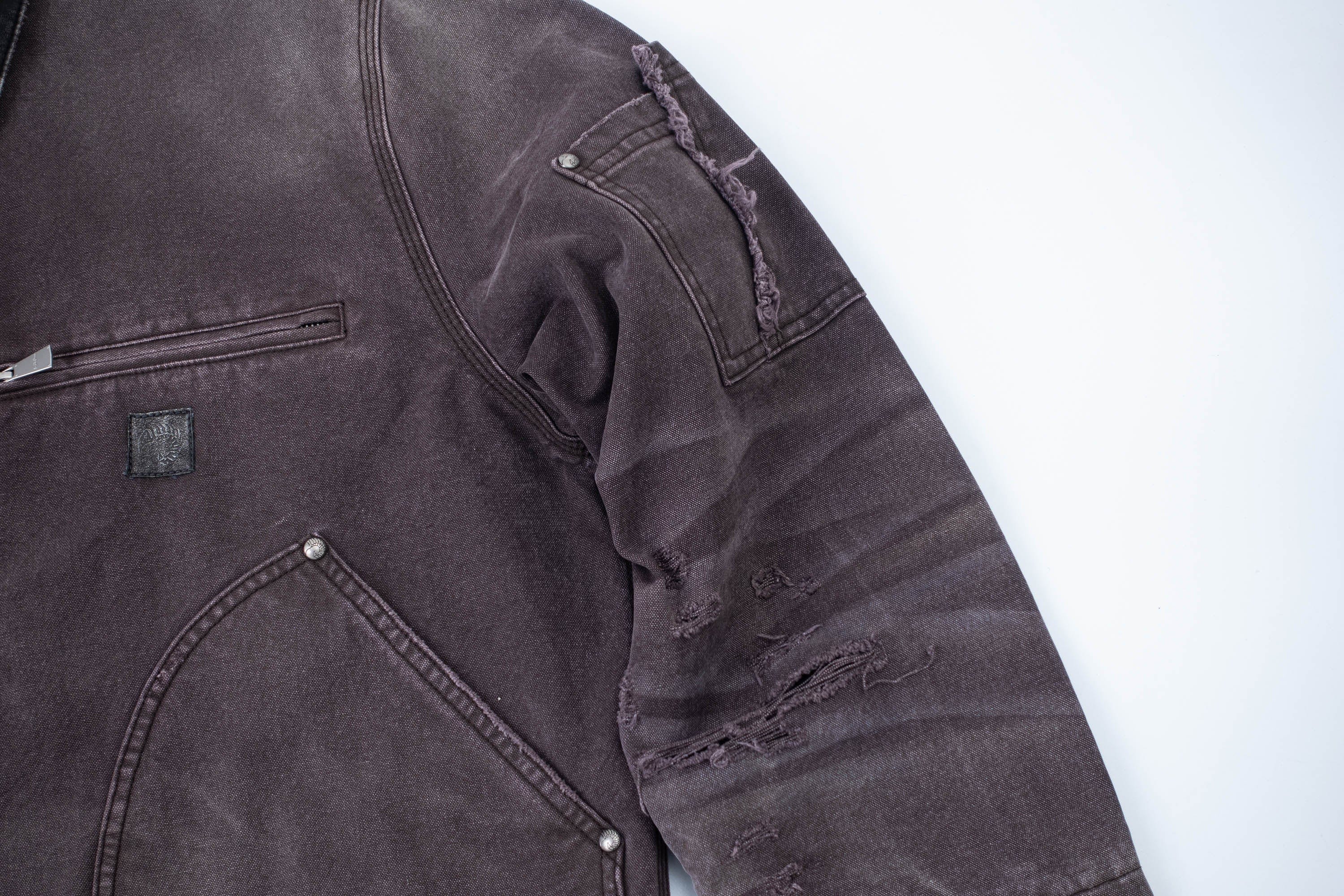 IN EXISTENCE Dirty-Washed Contrast Collar Detroit Jacket, premium urban and streetwear designers apparel on PROJECTISR.com, IN EXISTENCE