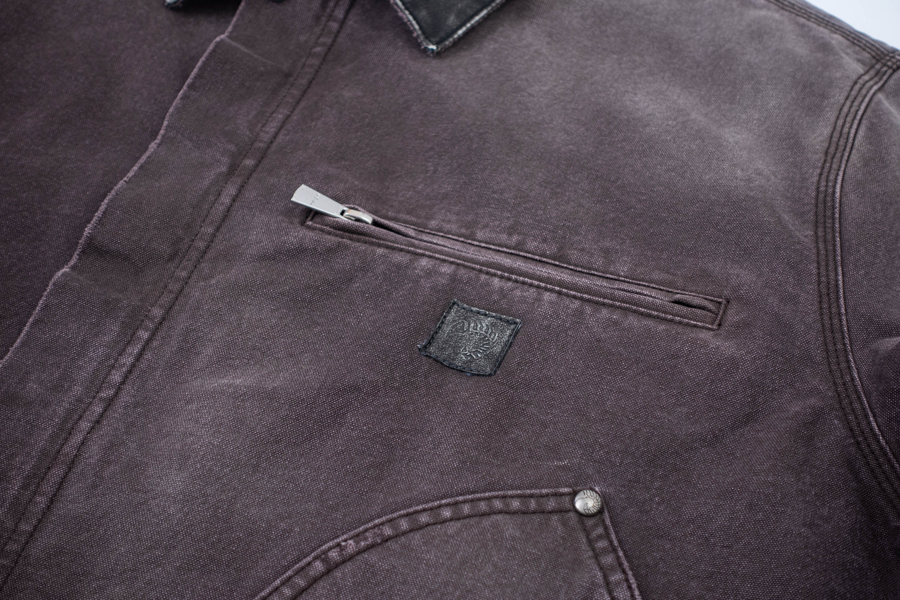 IN EXISTENCE Dirty-Washed Contrast Collar Detroit Jacket, premium urban and streetwear designers apparel on PROJECTISR.com, IN EXISTENCE