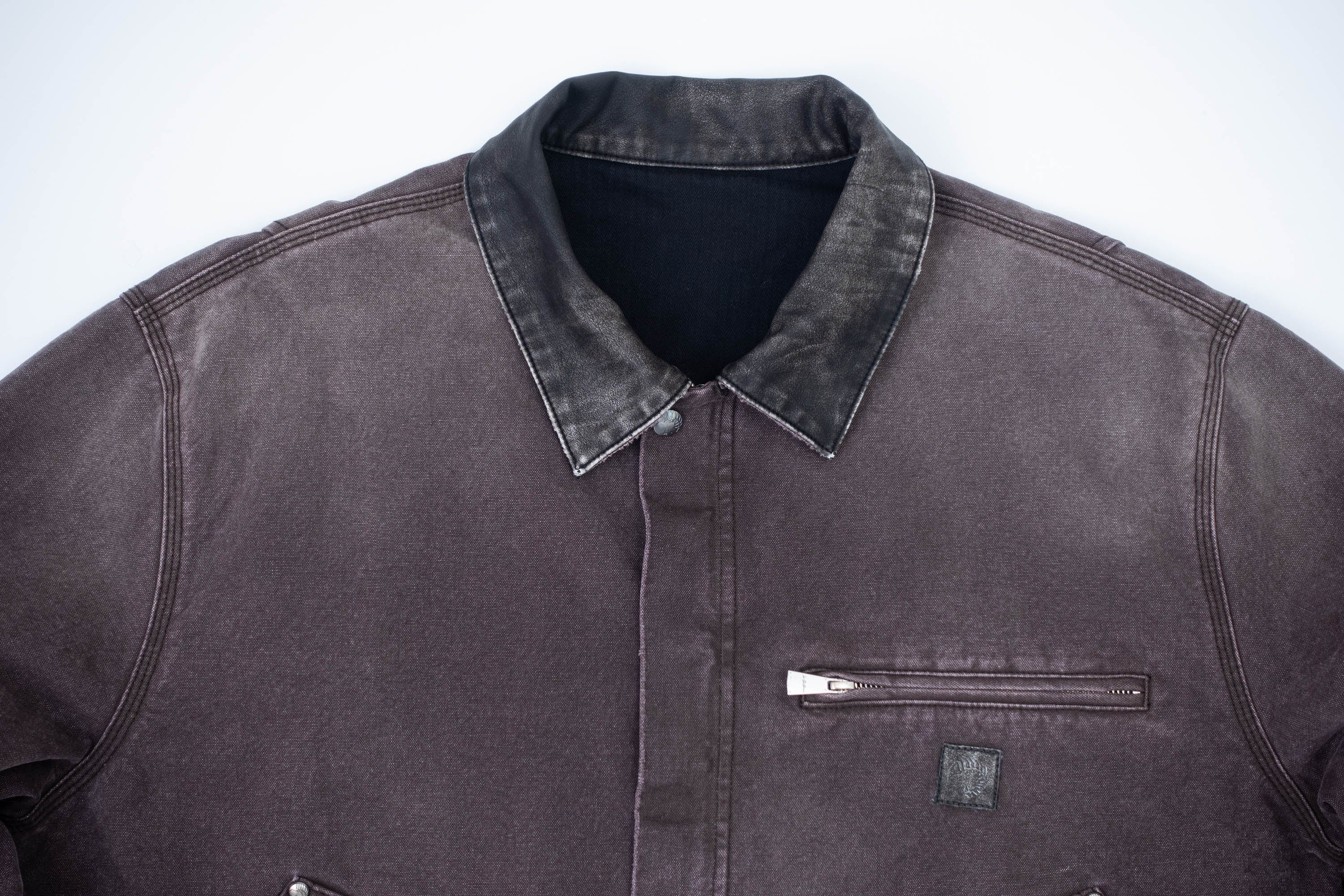 IN EXISTENCE Dirty-Washed Contrast Collar Detroit Jacket, premium urban and streetwear designers apparel on PROJECTISR.com, IN EXISTENCE