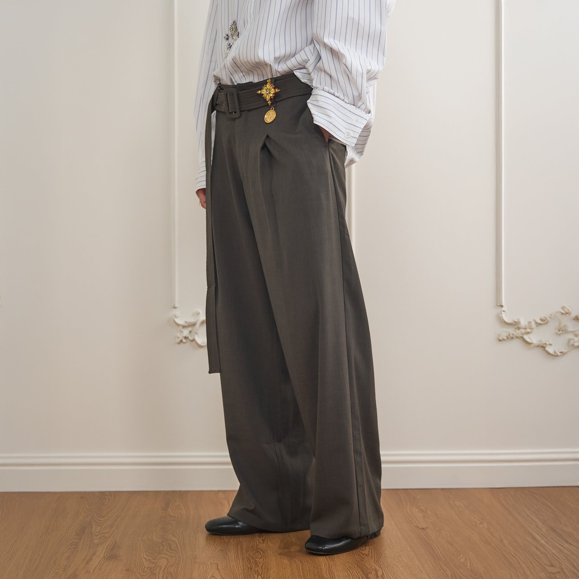 ORAL UTOPIA Belted Charm-Embellished Pleated Pants, premium urban and streetwear designers apparel on PROJECTISR.com, ORAL UTOPIA
