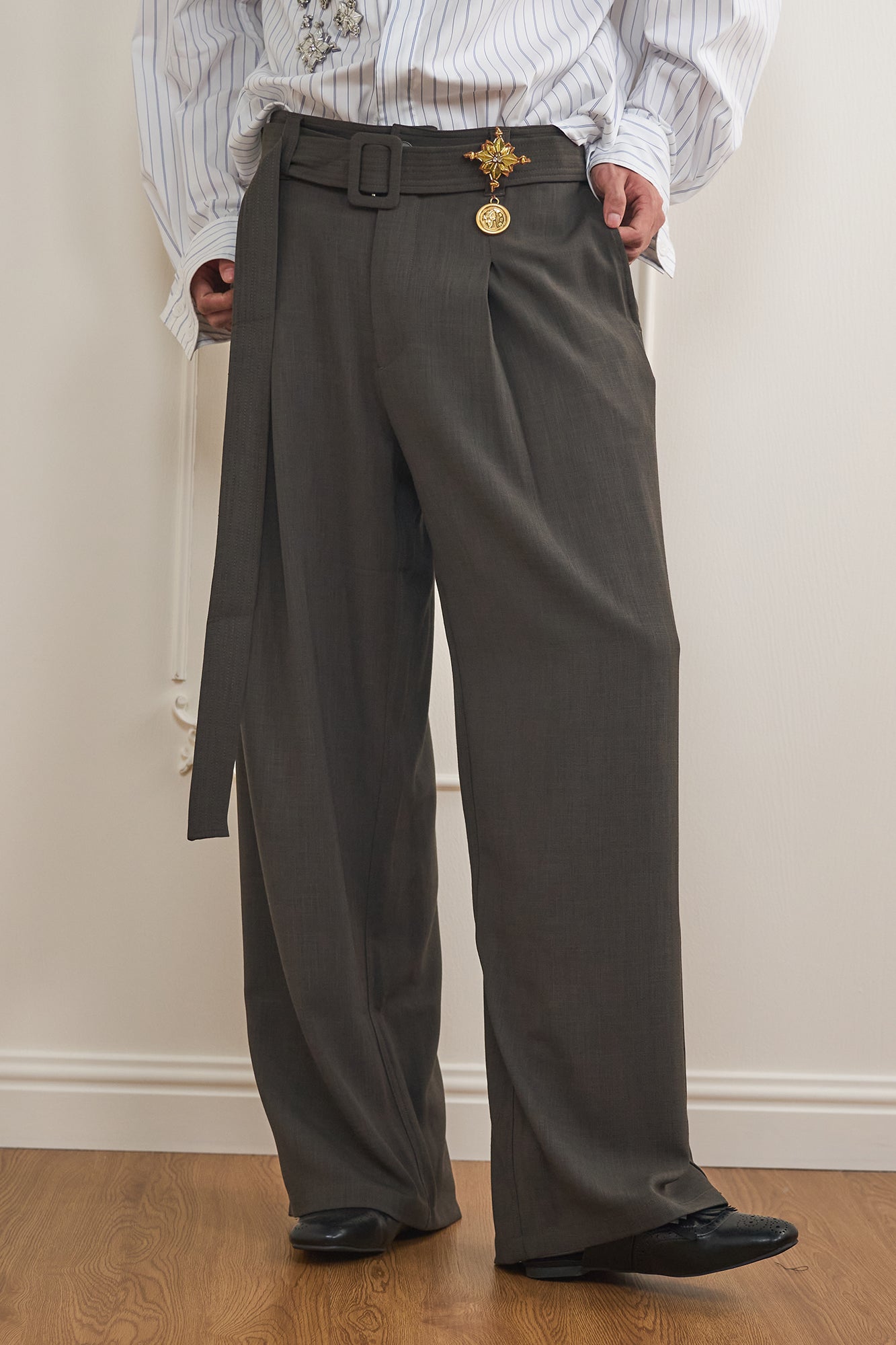 ORAL UTOPIA Belted Charm-Embellished Pleated Pants, premium urban and streetwear designers apparel on PROJECTISR.com, ORAL UTOPIA
