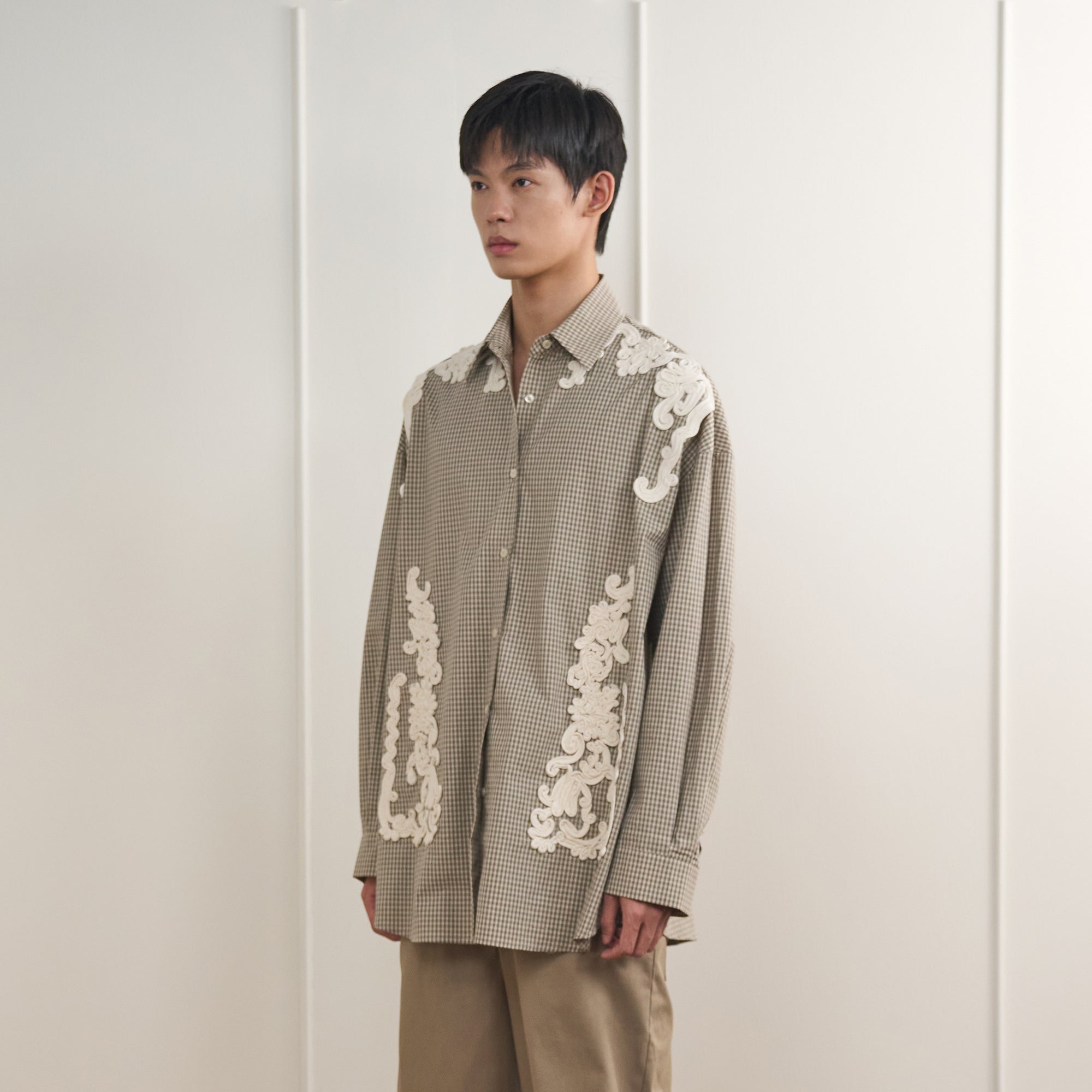 ORAL UTOPIA Deconstructed Pleats Vine Patch Check Shirt, premium urban and streetwear designers apparel on PROJECTISR.com, ORAL UTOPIA