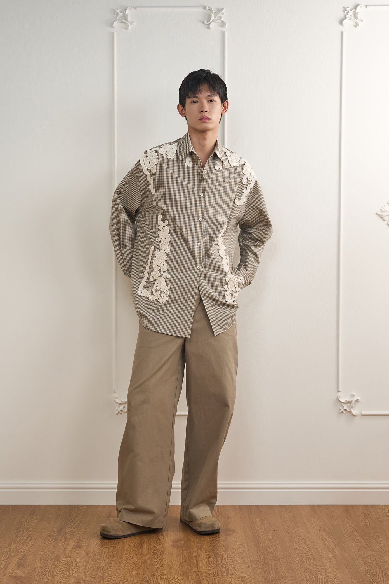 ORAL UTOPIA Deconstructed Pleats Vine Patch Check Shirt, premium urban and streetwear designers apparel on PROJECTISR.com, ORAL UTOPIA
