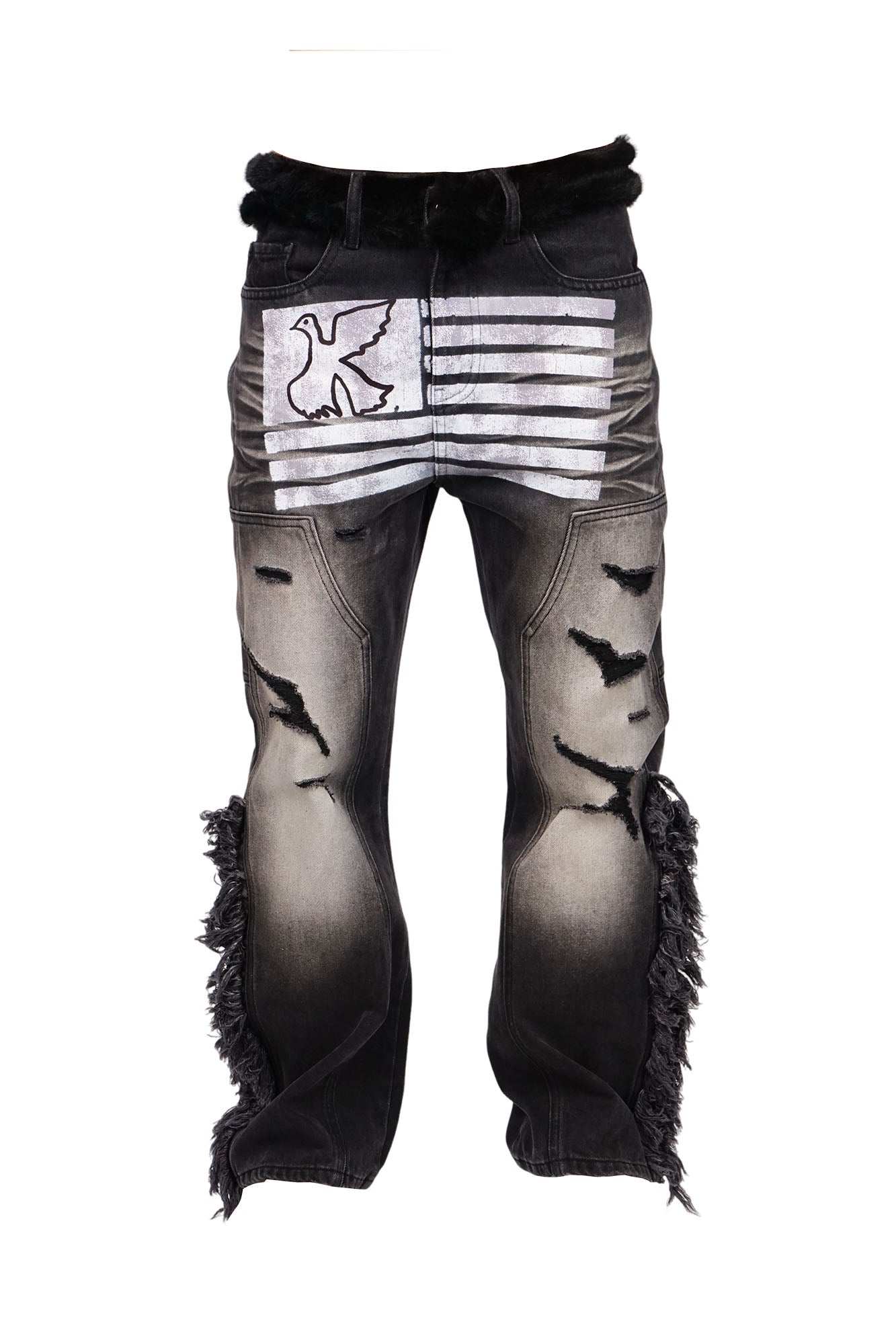 VINKID Peace Dove Flag Double-Knee Frayed Jeans