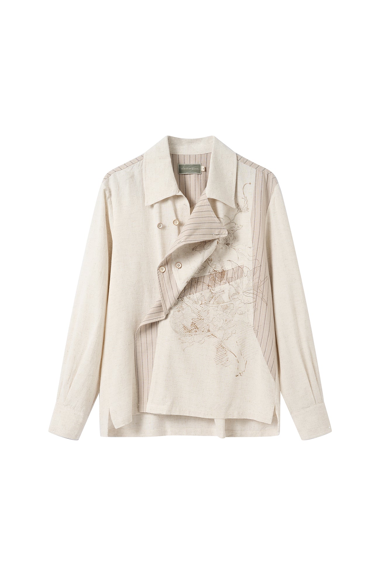 MOITIEDEPETALE Asymmetrical Floral Sketch Linen-Blend Shirt