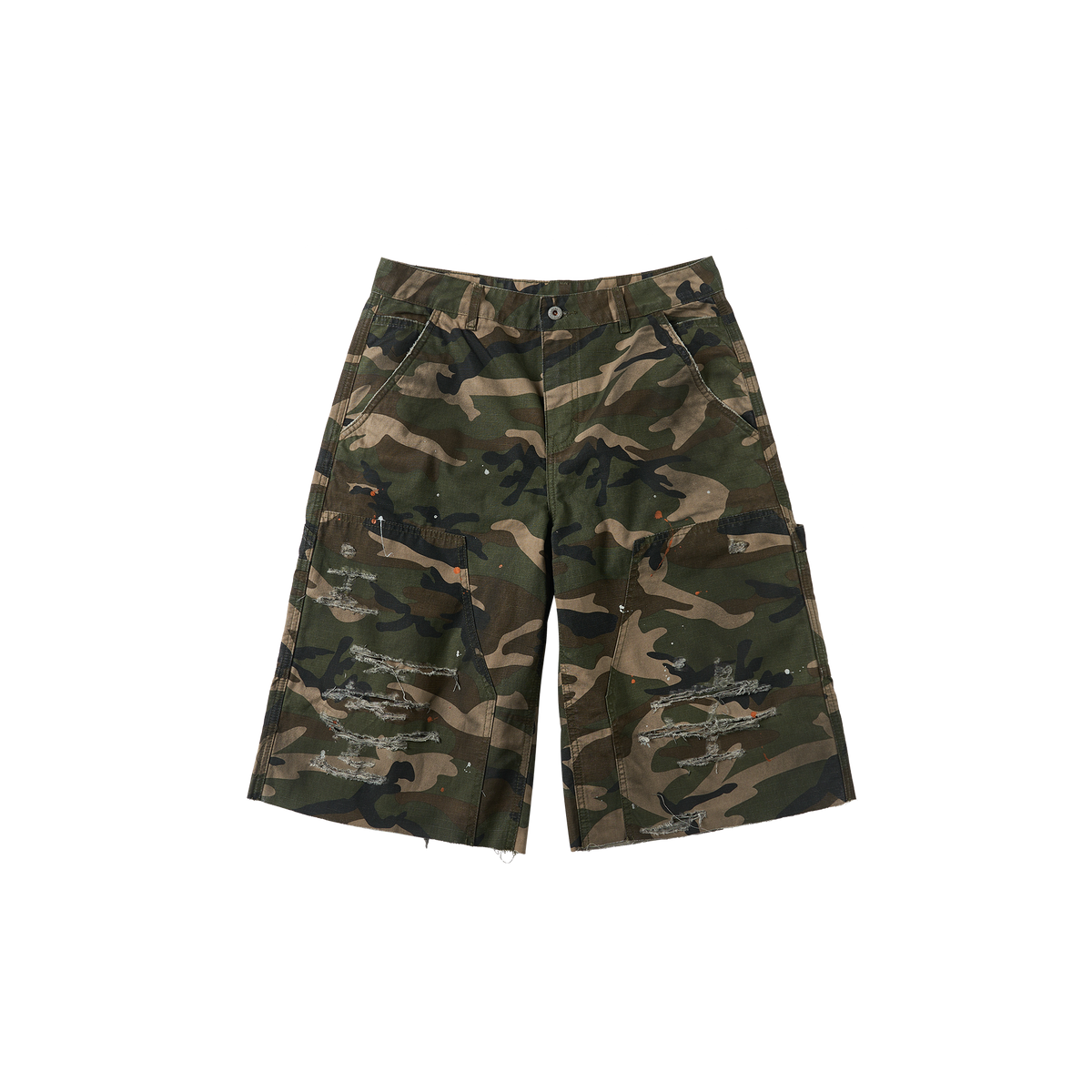 SAVAGEGROWTHWORLD Distressed Paint-Splatter Camo Shorts