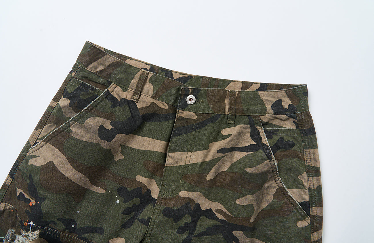 SAVAGEGROWTHWORLD Distressed Paint-Splatter Camo Shorts, premium urban and streetwear designers apparel on PROJECTISR.com, SAVAGEGROWTHWORLD