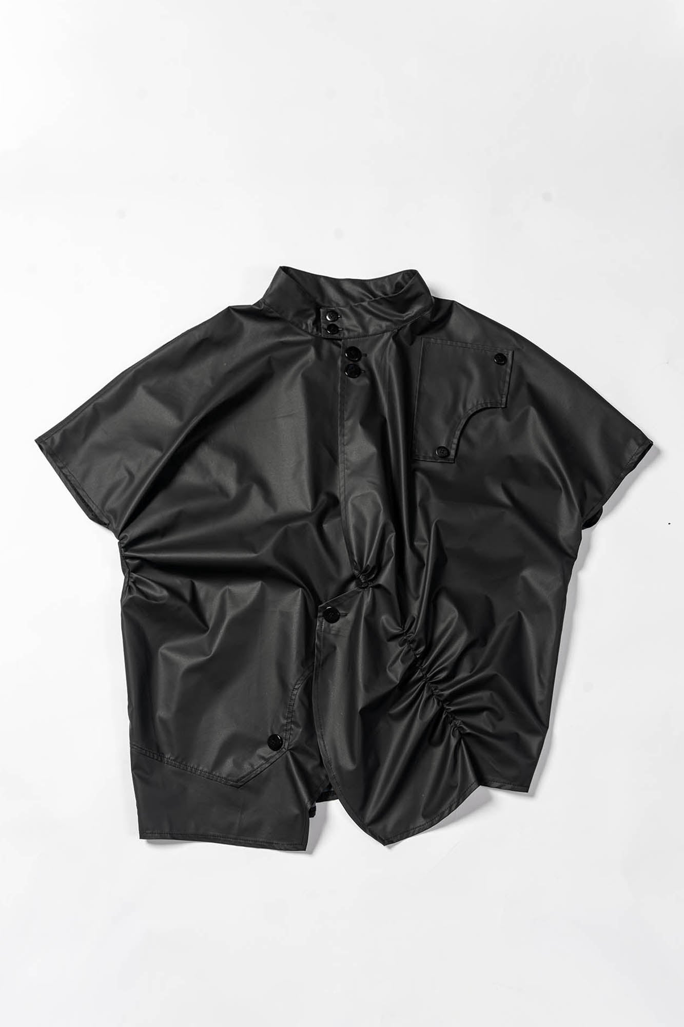 KADAKADA Asymmetrical Pleated Faux Leather Half Shirt, premium urban and streetwear designers apparel on PROJECTISR.com, KADAKADA