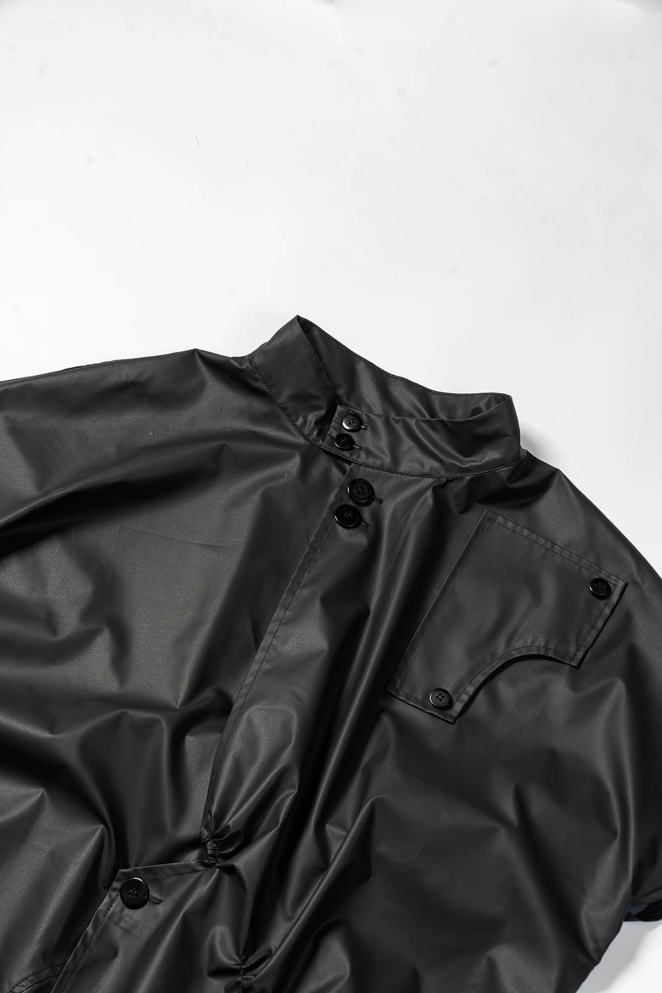 KADAKADA Asymmetrical Pleated Faux Leather Half Shirt, premium urban and streetwear designers apparel on PROJECTISR.com, KADAKADA