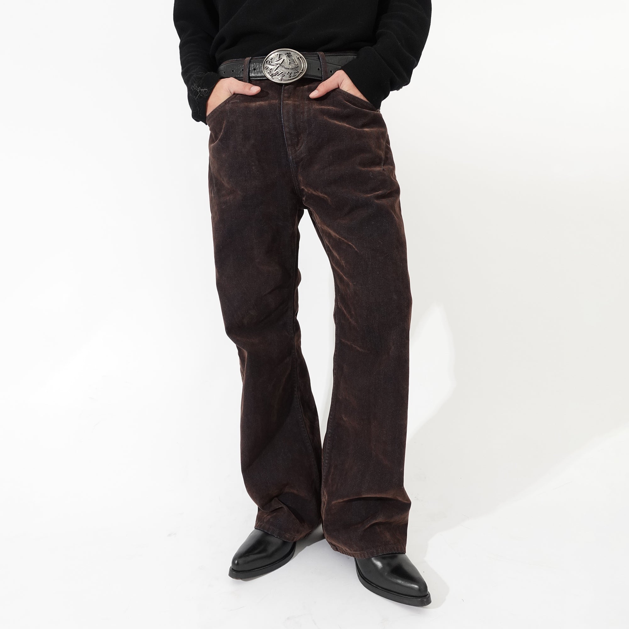 IN EXISTENCE Star Embroidered Herringbone Flocked Flare Jeans, premium urban and streetwear designers apparel on PROJECTISR.com, IN EXISTENCE