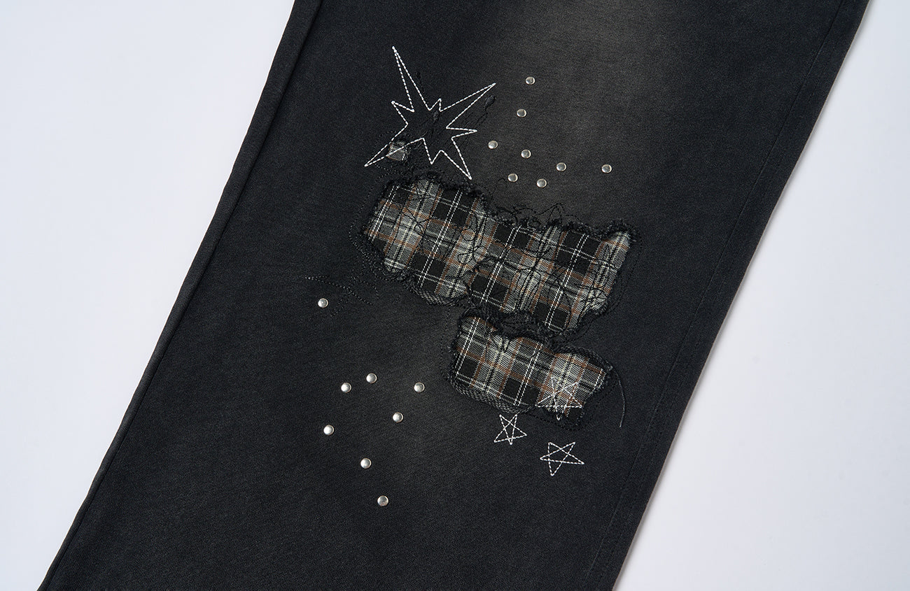 SAVAGEGROWTHWORLD Studded Plaid Panel Sweatpants