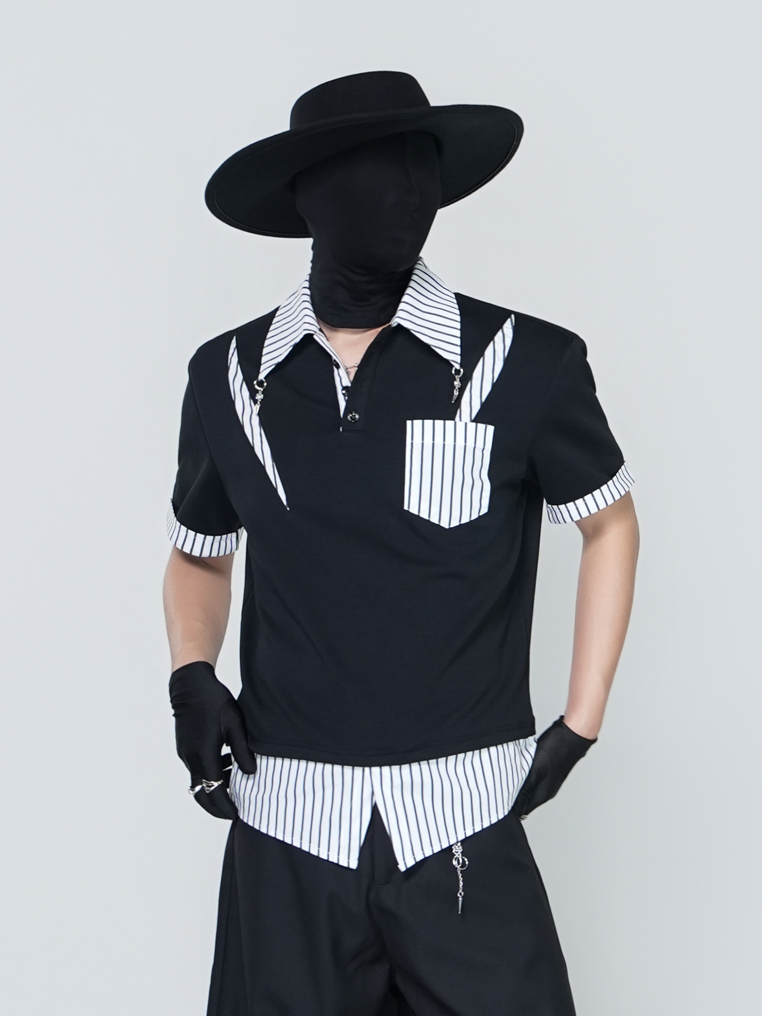 VE2 Deconstructed Striped Spliced Polo Tee