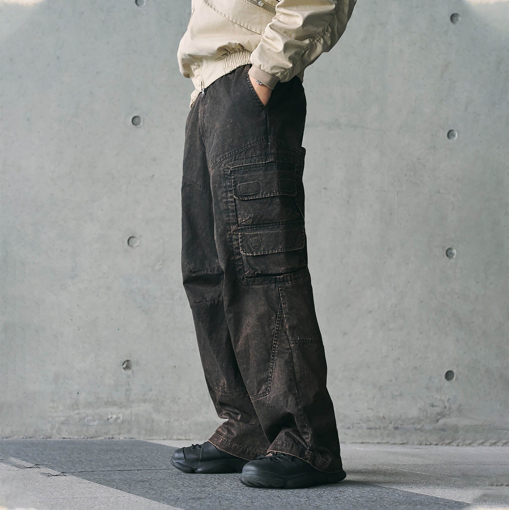 ENSHADOWER Distressed Multi-Pocket Crinkled Straight-Leg Jeans, premium urban and streetwear designers apparel on PROJECTISR.com, ENSHADOWER