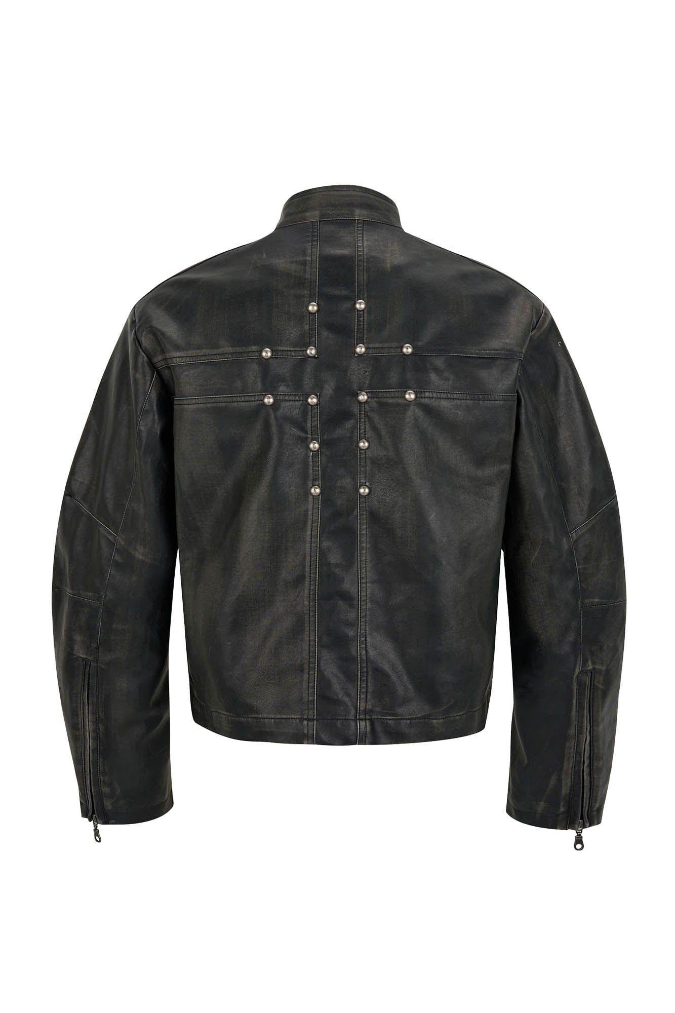 SAVAGEGROWTHWORLD Crossed Spliced Rivet Faux Leather Jacket, premium urban and streetwear designers apparel on PROJECTISR.com, SAVAGEGROWTHWORLD