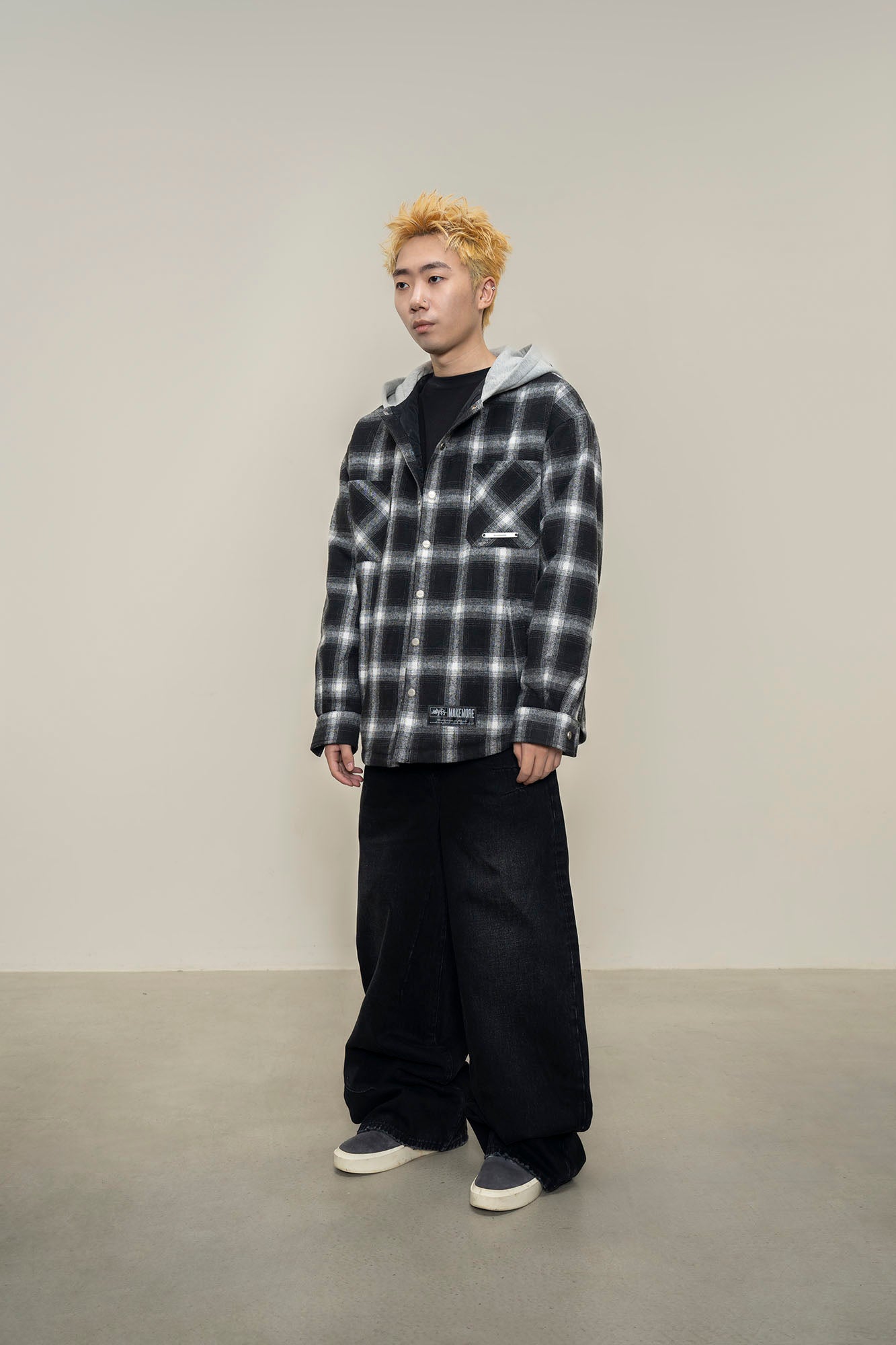 MAKEMORE Plaid Pocket Hooded Insulated Shirt