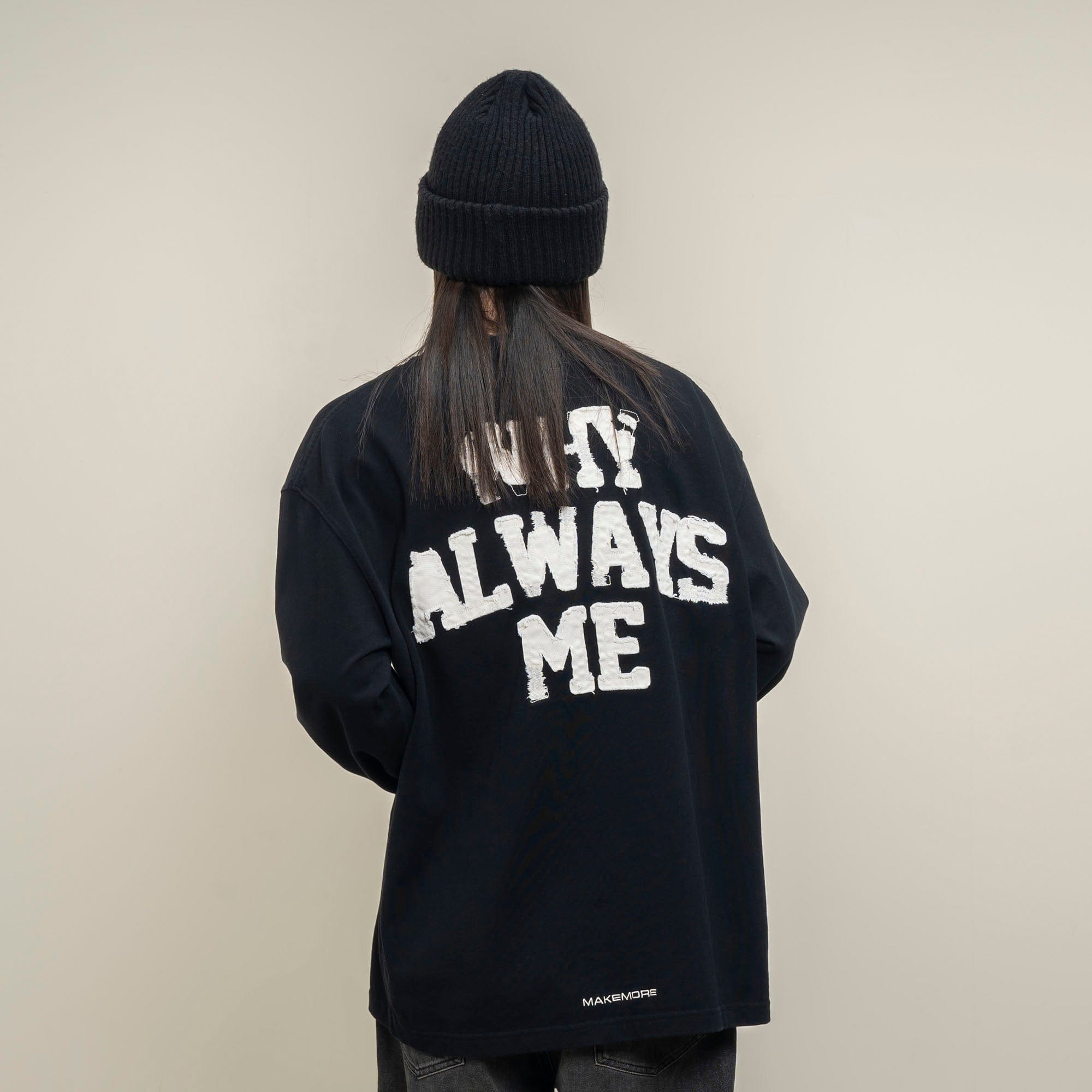 MAKEMORE Text Graphic Patch Long-Sleeve Tee, premium urban and streetwear designers apparel on PROJECTISR.com, MAKEMORE